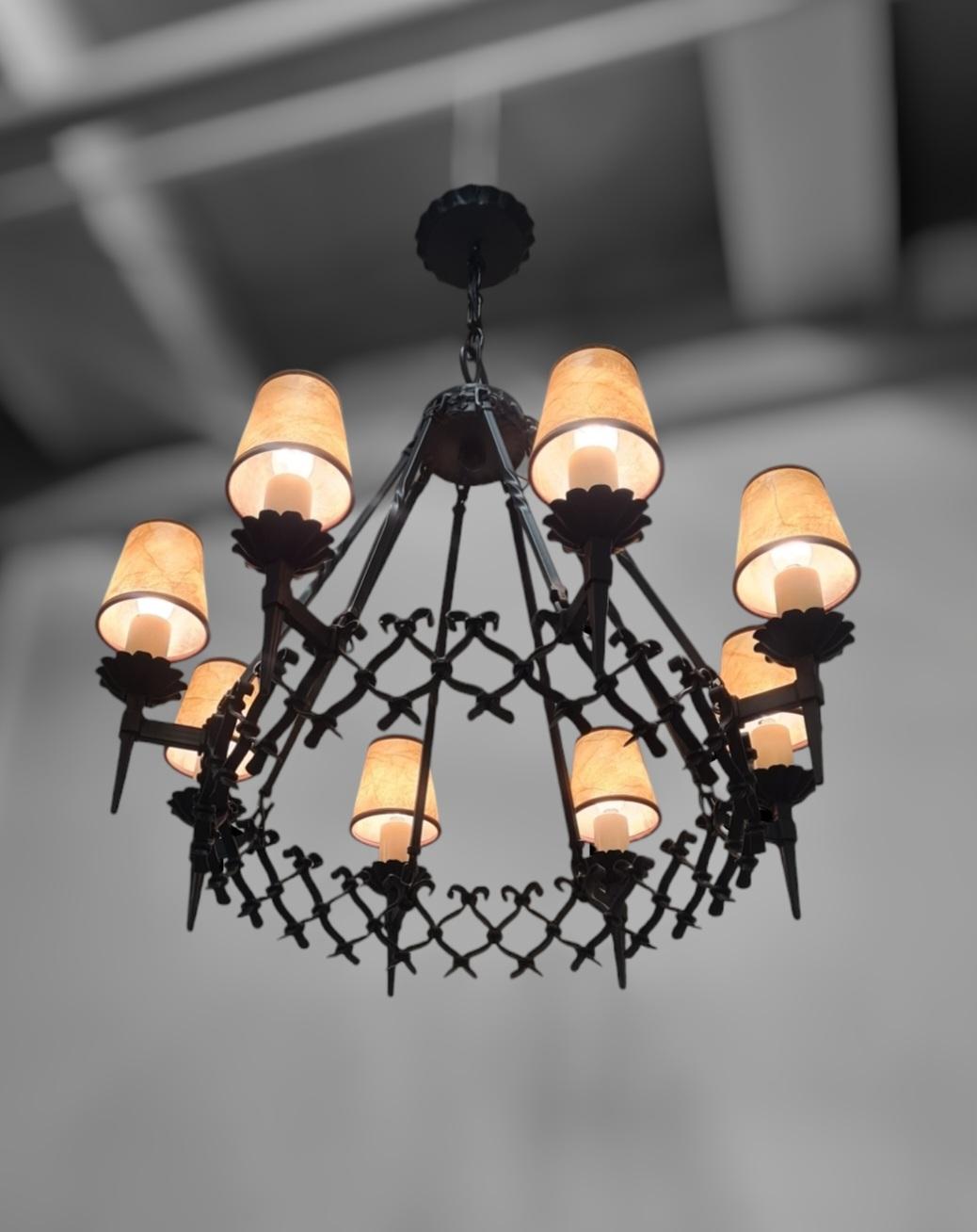 Large Arts & Crafts Forged Wrought Iron Chandelier with 8 Lights, Finland 1930s For Sale 11