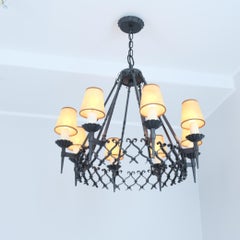 Large Arts & Crafts Forged Wrought Iron Chandelier with 8 Lights, Finland 1930s