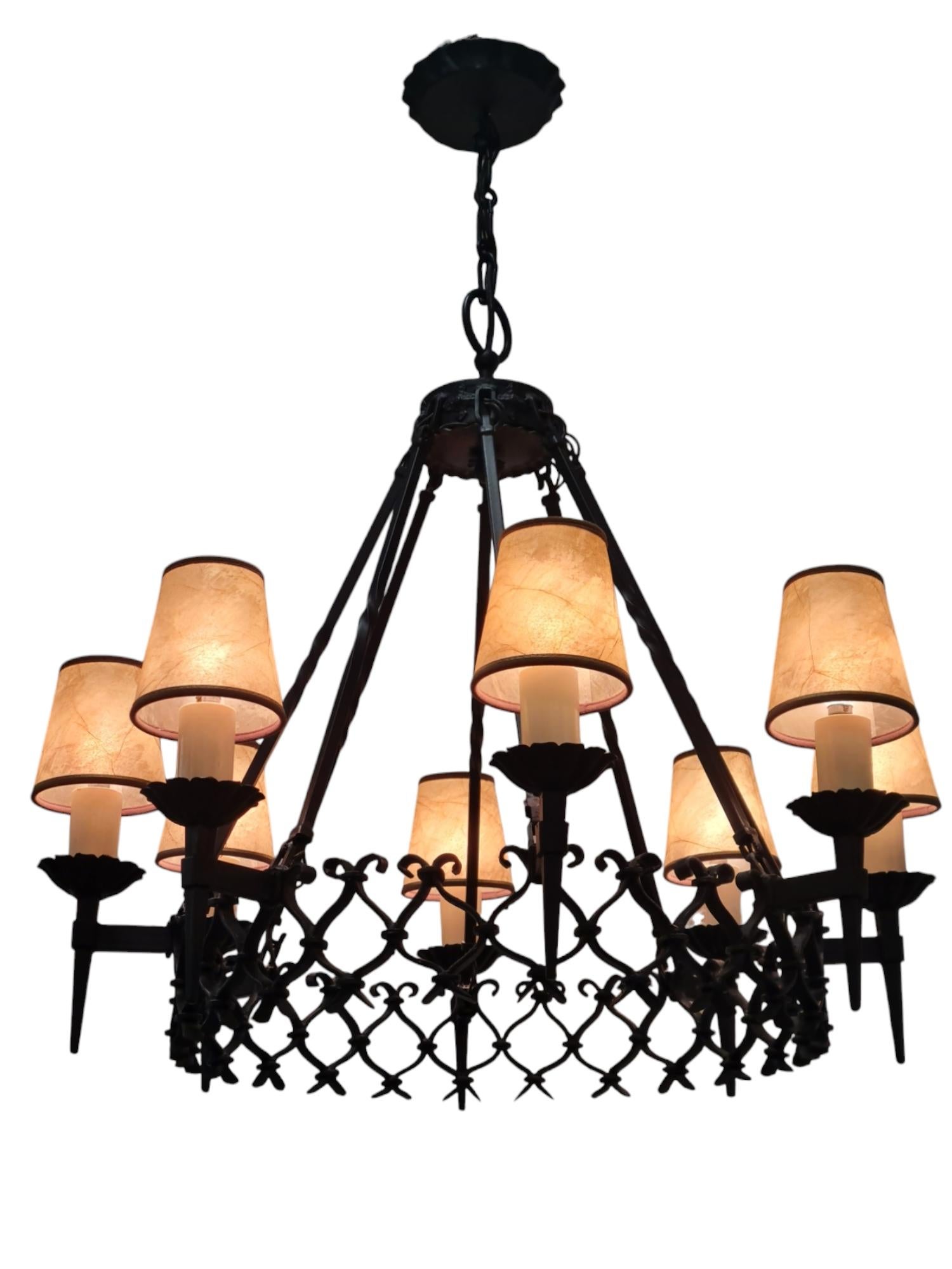 Arts and Crafts Large Arts & Crafts Forged Wrought Iron Chandelier with 8 Lights, Finland 1930s For Sale