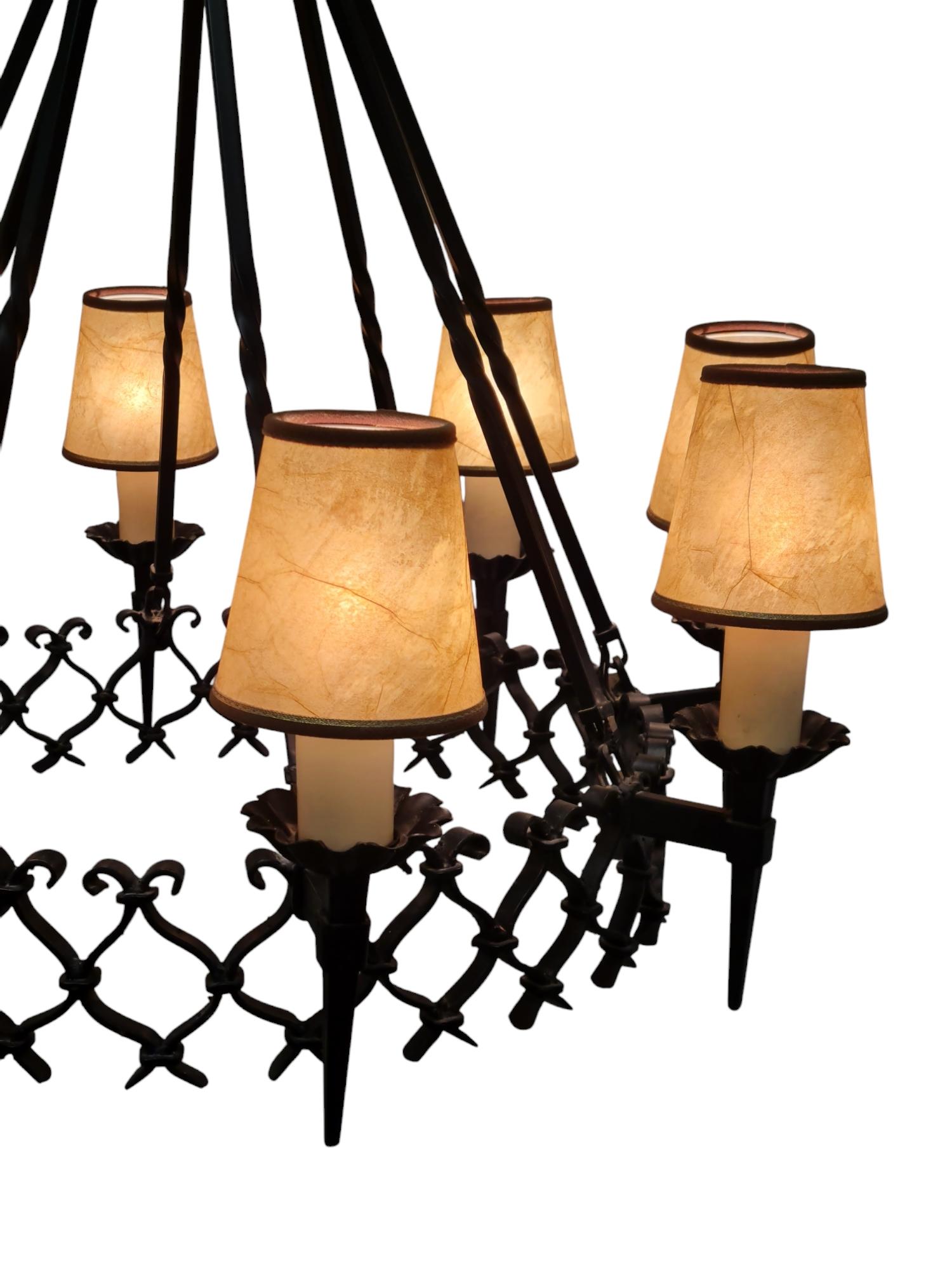 Finnish Large Arts & Crafts Forged Wrought Iron Chandelier with 8 Lights, Finland 1930s For Sale