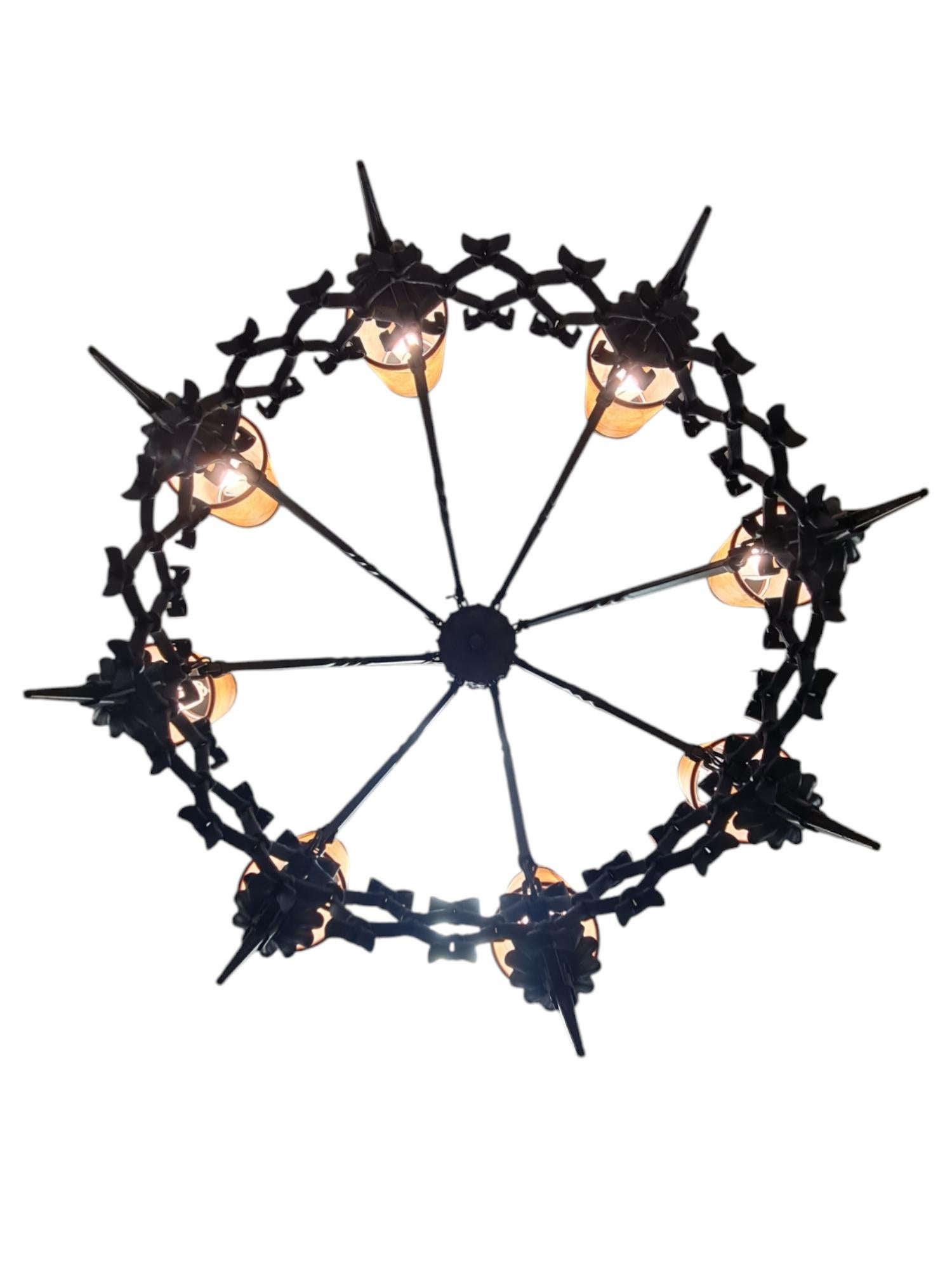 Large Arts & Crafts Forged Wrought Iron Chandelier with 8 Lights, Finland 1930s In Good Condition For Sale In Helsinki, FI