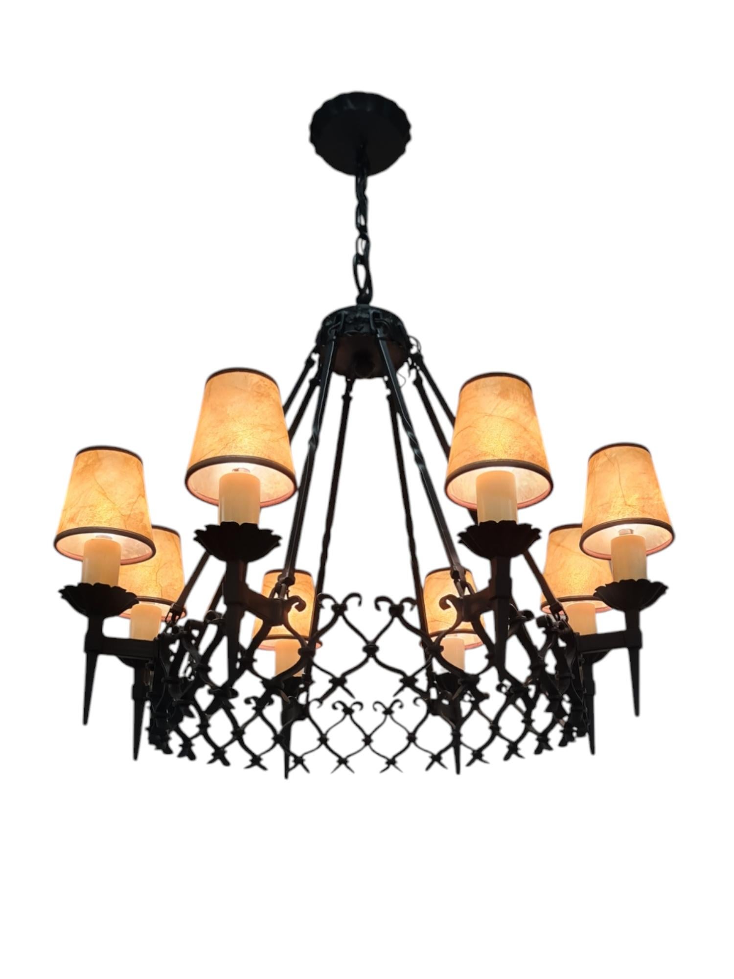 Mid-20th Century Large Arts & Crafts Forged Wrought Iron Chandelier with 8 Lights, Finland 1930s For Sale