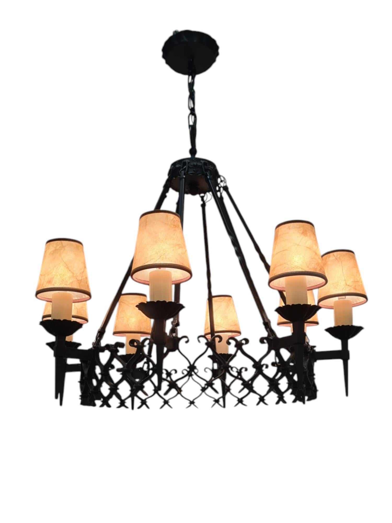 Large Arts & Crafts Forged Wrought Iron Chandelier with 8 Lights, Finland 1930s For Sale 1