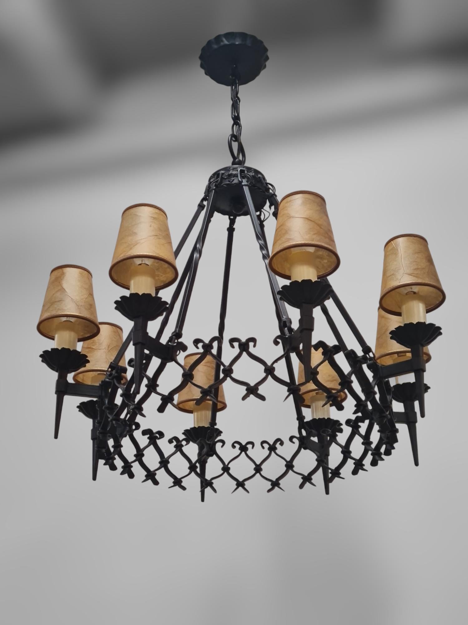 Large Arts & Crafts Forged Wrought Iron Chandelier with 8 Lights, Finland 1930s For Sale 2