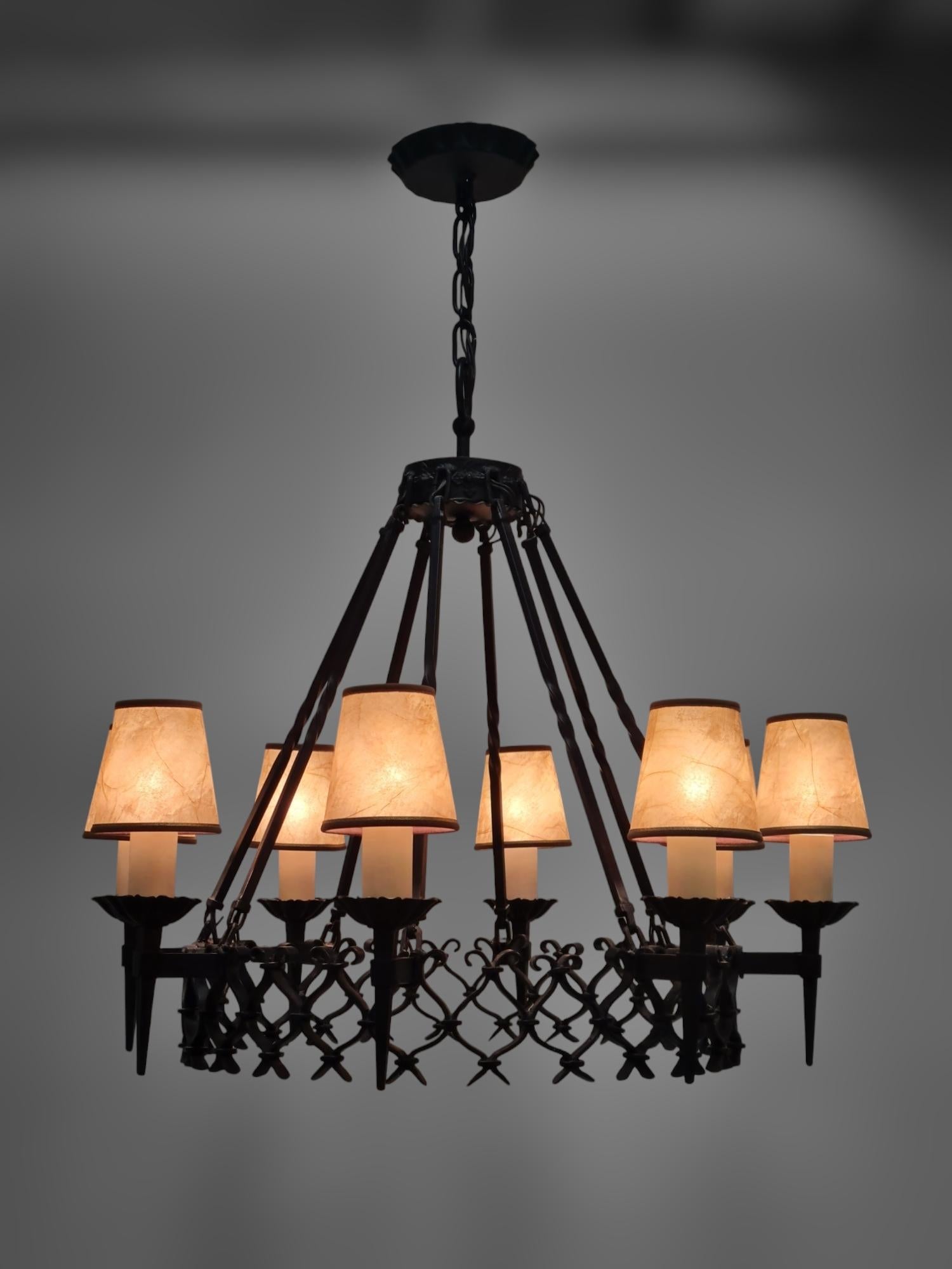 Large Arts & Crafts Forged Wrought Iron Chandelier with 8 Lights, Finland 1930s For Sale 3