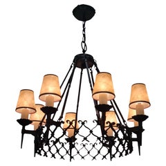 Large Arts & Crafts Forged Wrought Iron Chandelier with 8 Lights, Finland 1930s