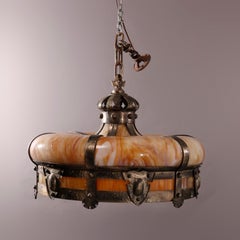 Large Arts & Crafts Hammered Metal & Slag Glass Crown Form Hanging Fixture c1920