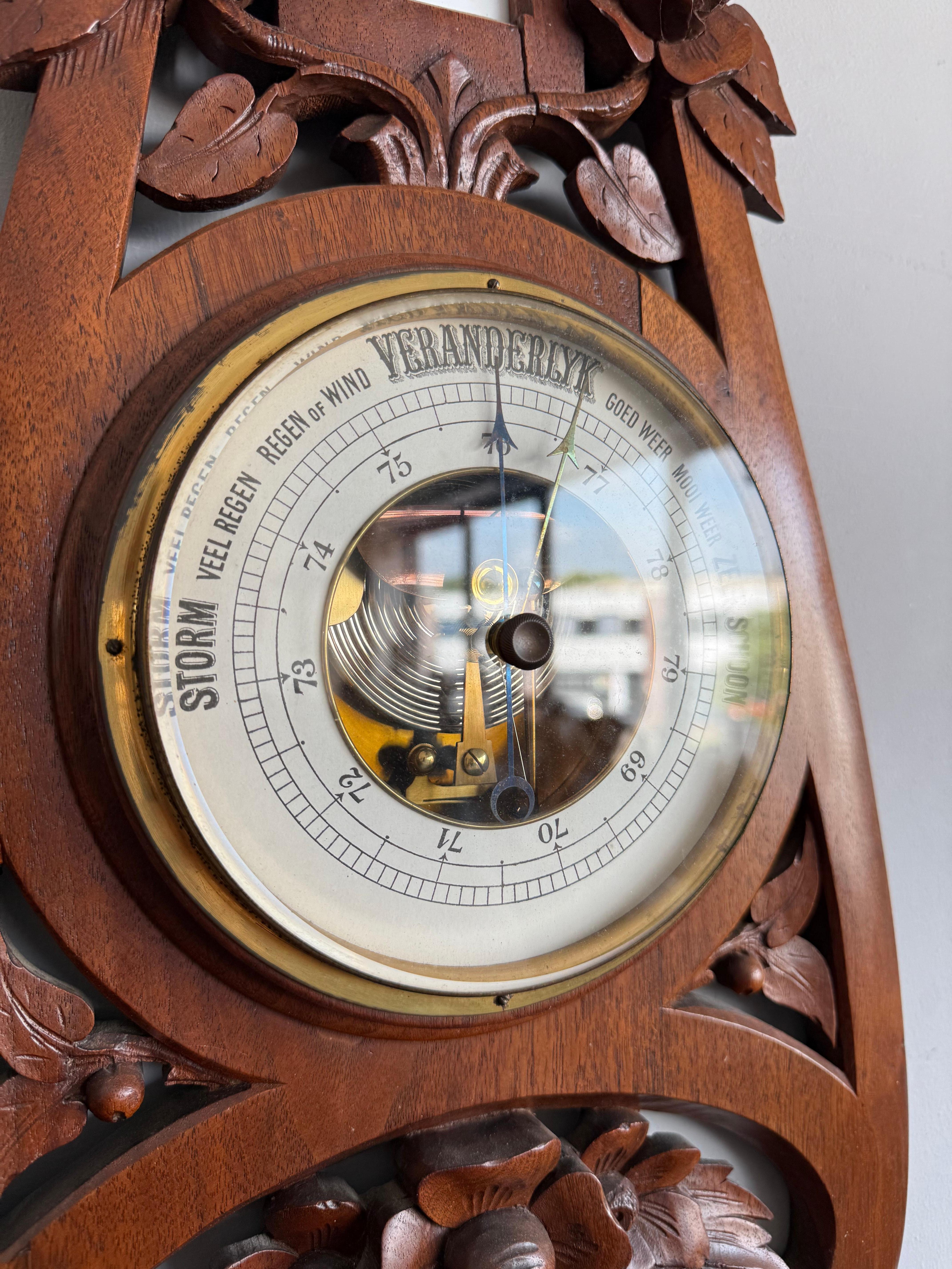 Large Arts & Crafts Hand-Carved Nutwood Barometer with Thermometer, Early 1900s For Sale 3