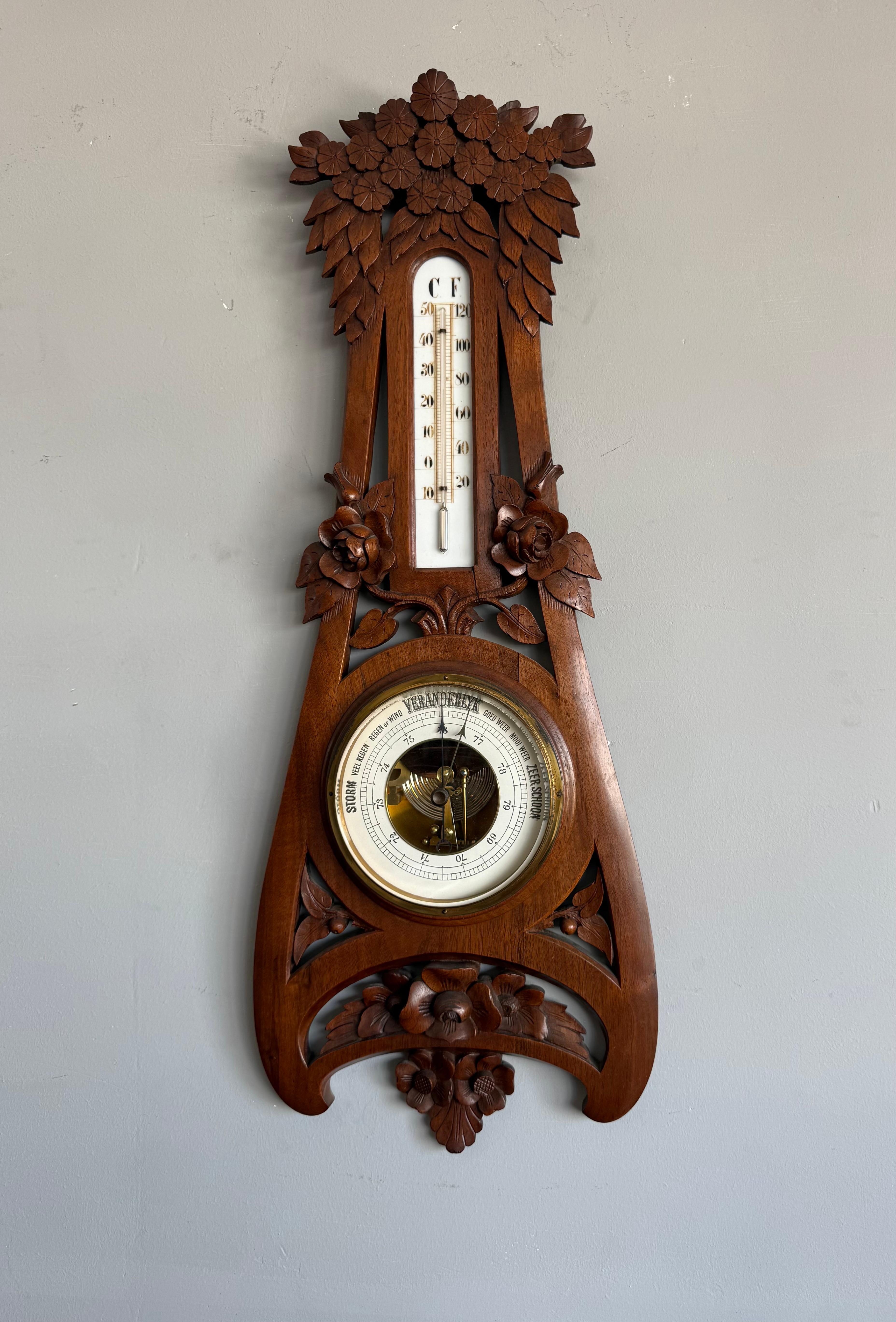 Large Arts & Crafts Hand-Carved Nutwood Barometer with Thermometer, Early 1900s For Sale 4