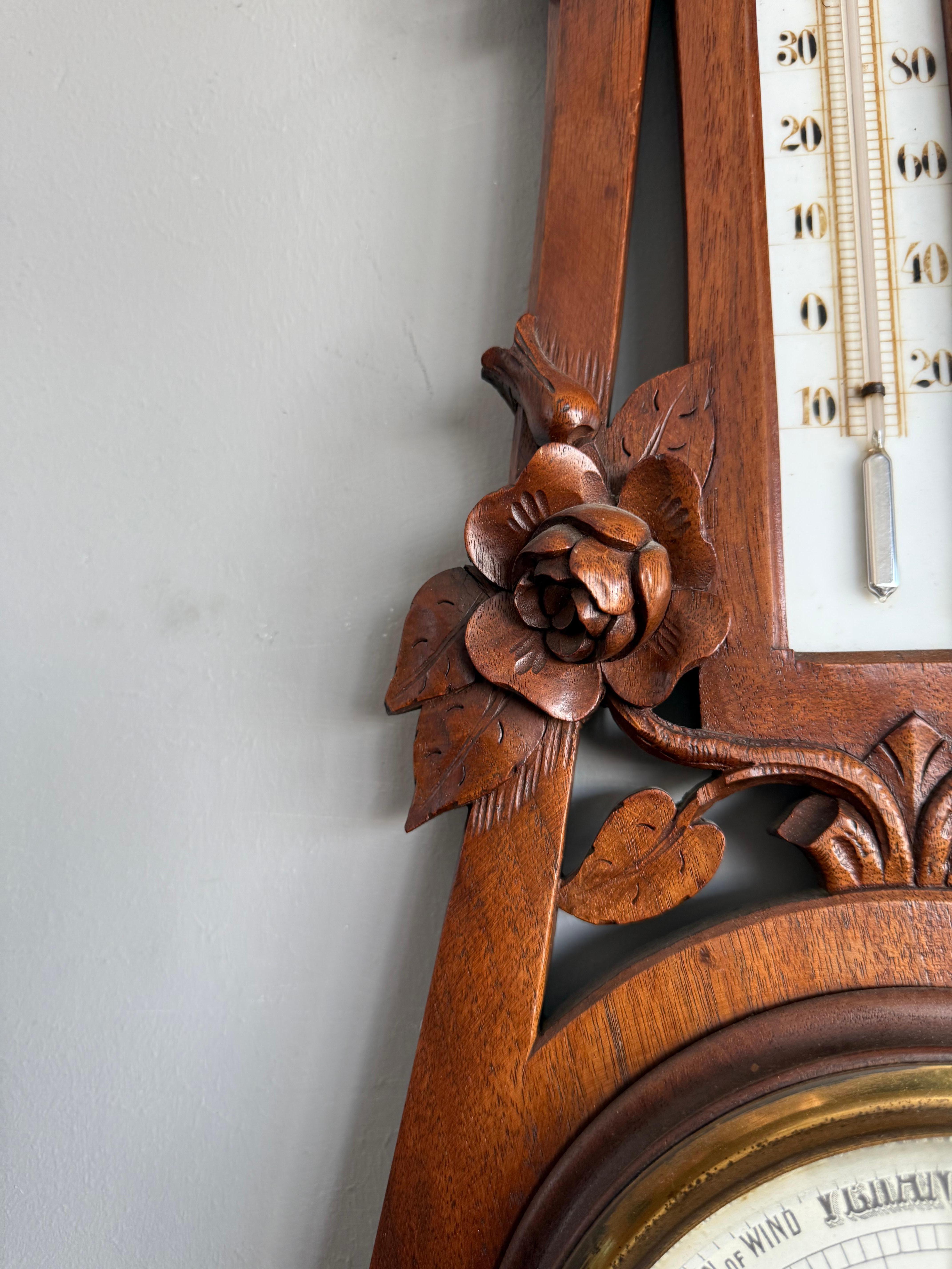 Large Arts & Crafts Hand-Carved Nutwood Barometer with Thermometer, Early 1900s For Sale 6