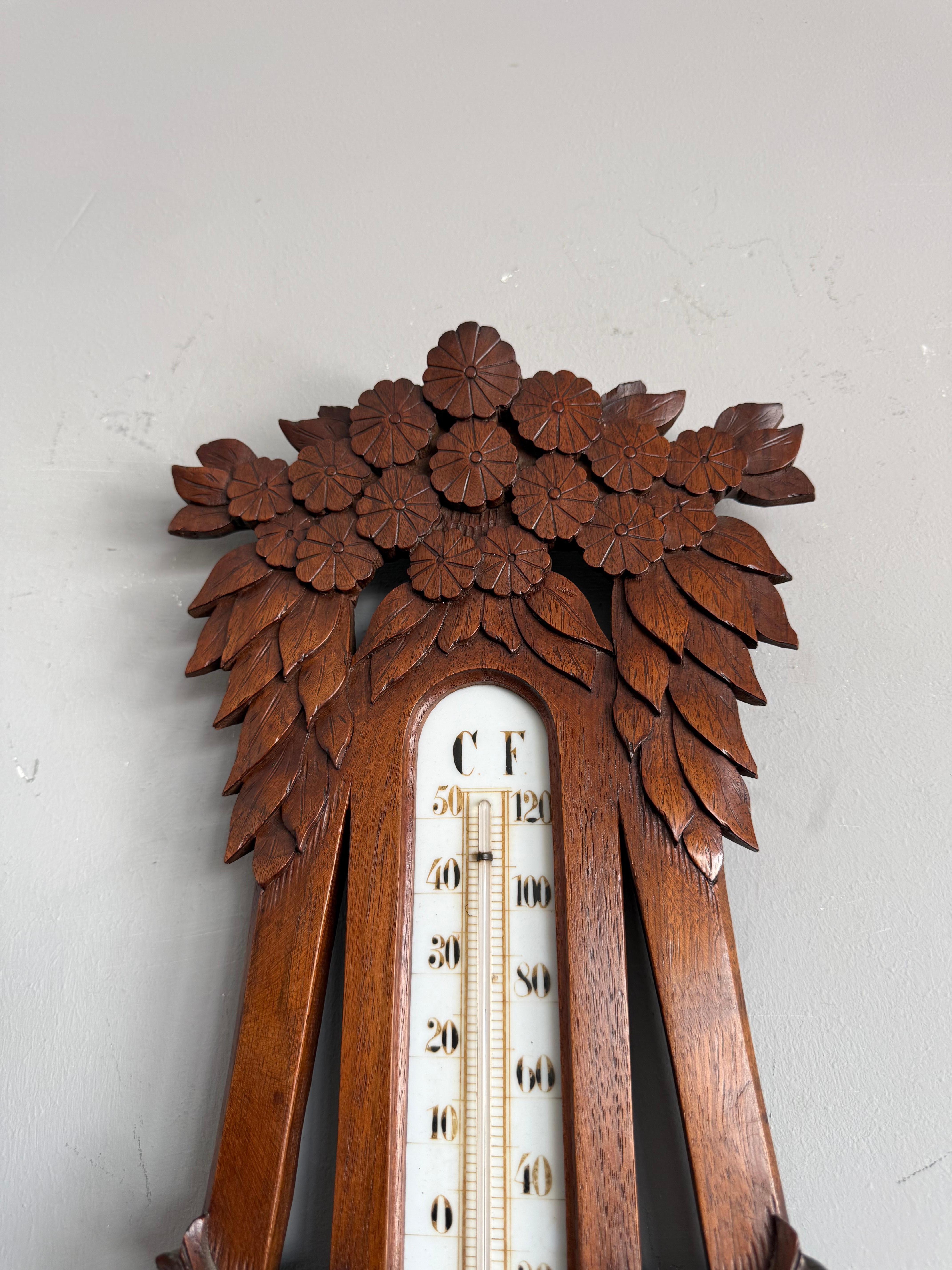 Large Arts & Crafts Hand-Carved Nutwood Barometer with Thermometer, Early 1900s For Sale 7