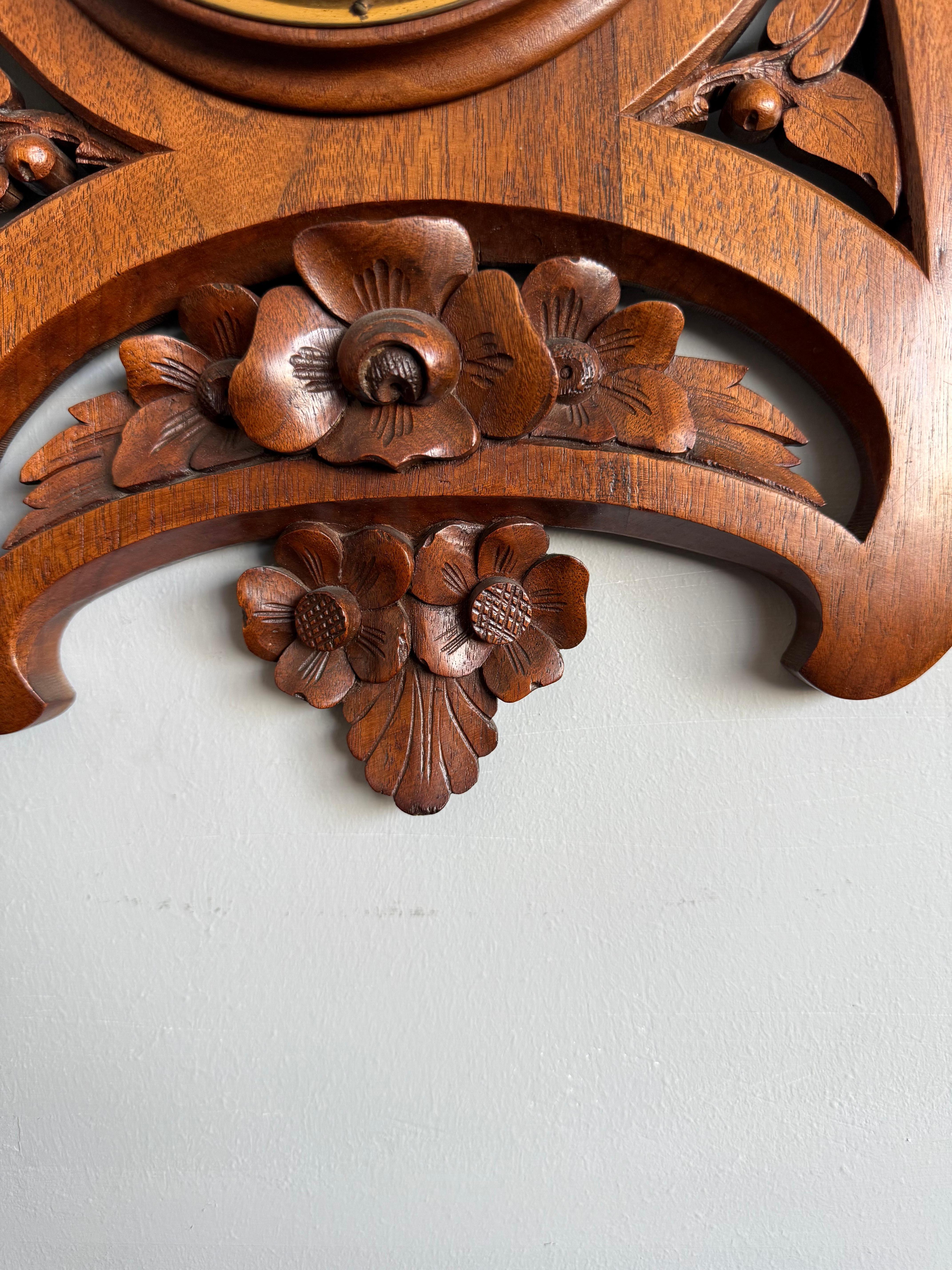 Large Arts & Crafts Hand-Carved Nutwood Barometer with Thermometer, Early 1900s For Sale 8