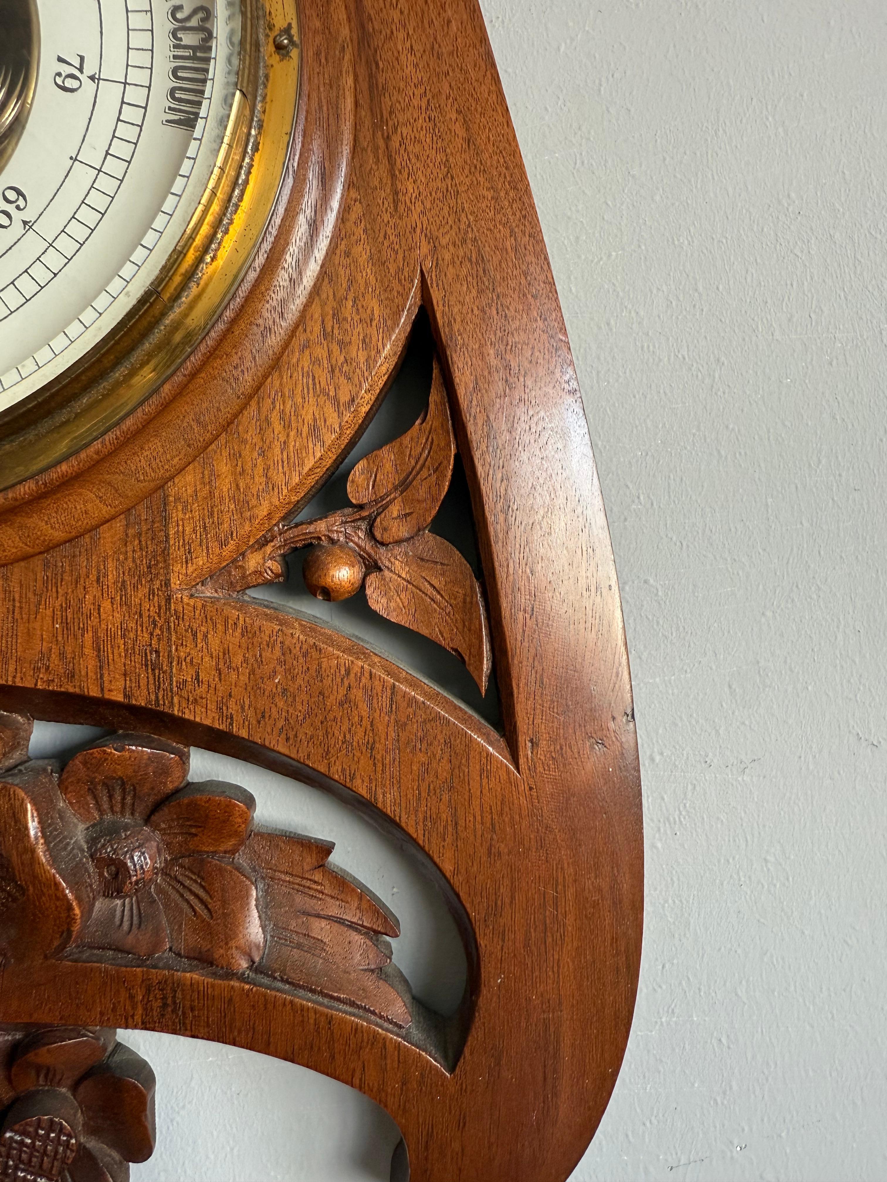 Large Arts & Crafts Hand-Carved Nutwood Barometer with Thermometer, Early 1900s For Sale 9