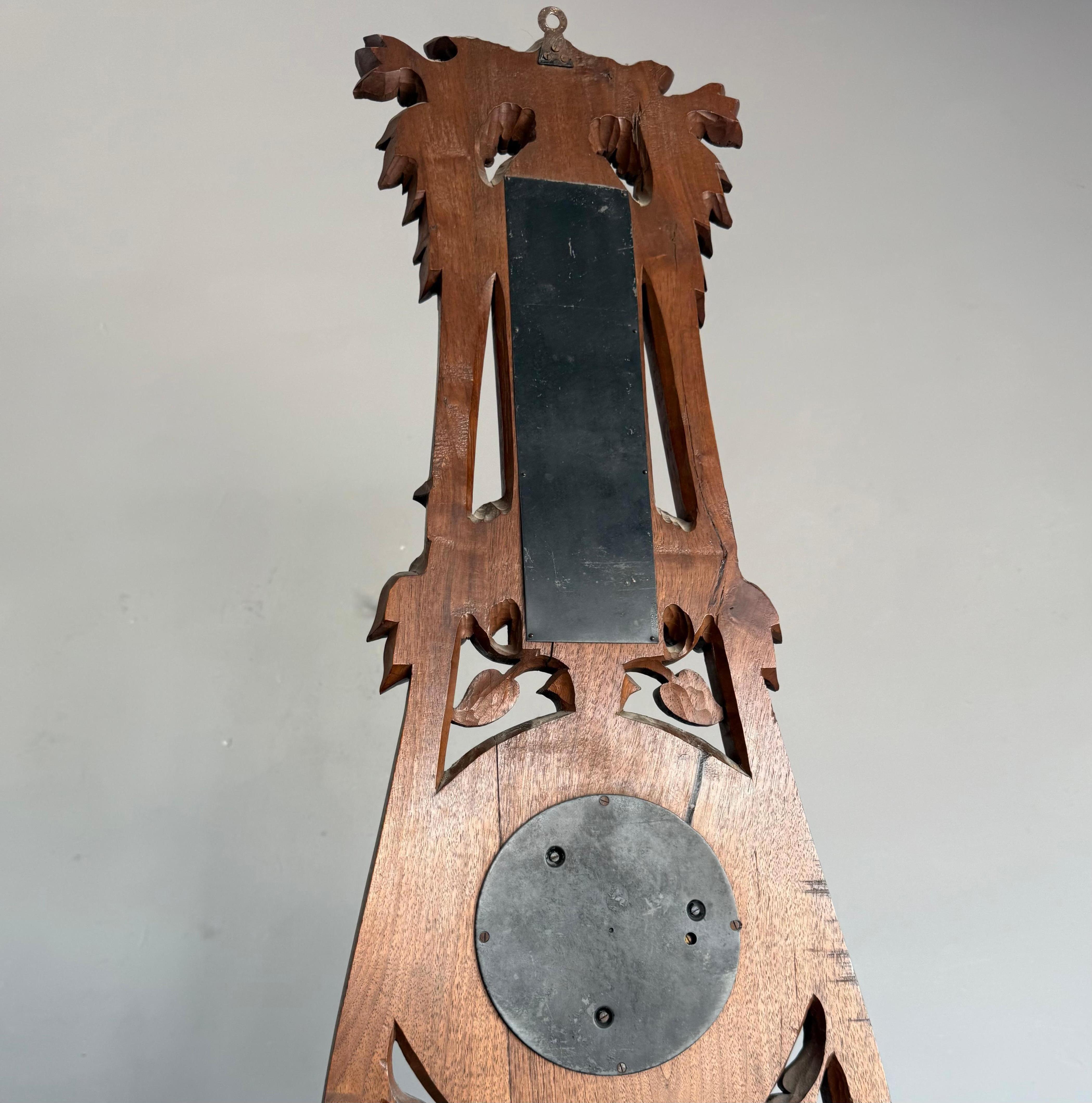 Large Arts & Crafts Hand-Carved Nutwood Barometer with Thermometer, Early 1900s For Sale 10