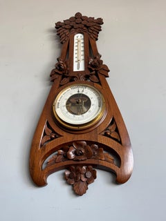 Large Arts & Crafts Hand-Carved Nutwood Barometer with Thermometer, Early 1900s