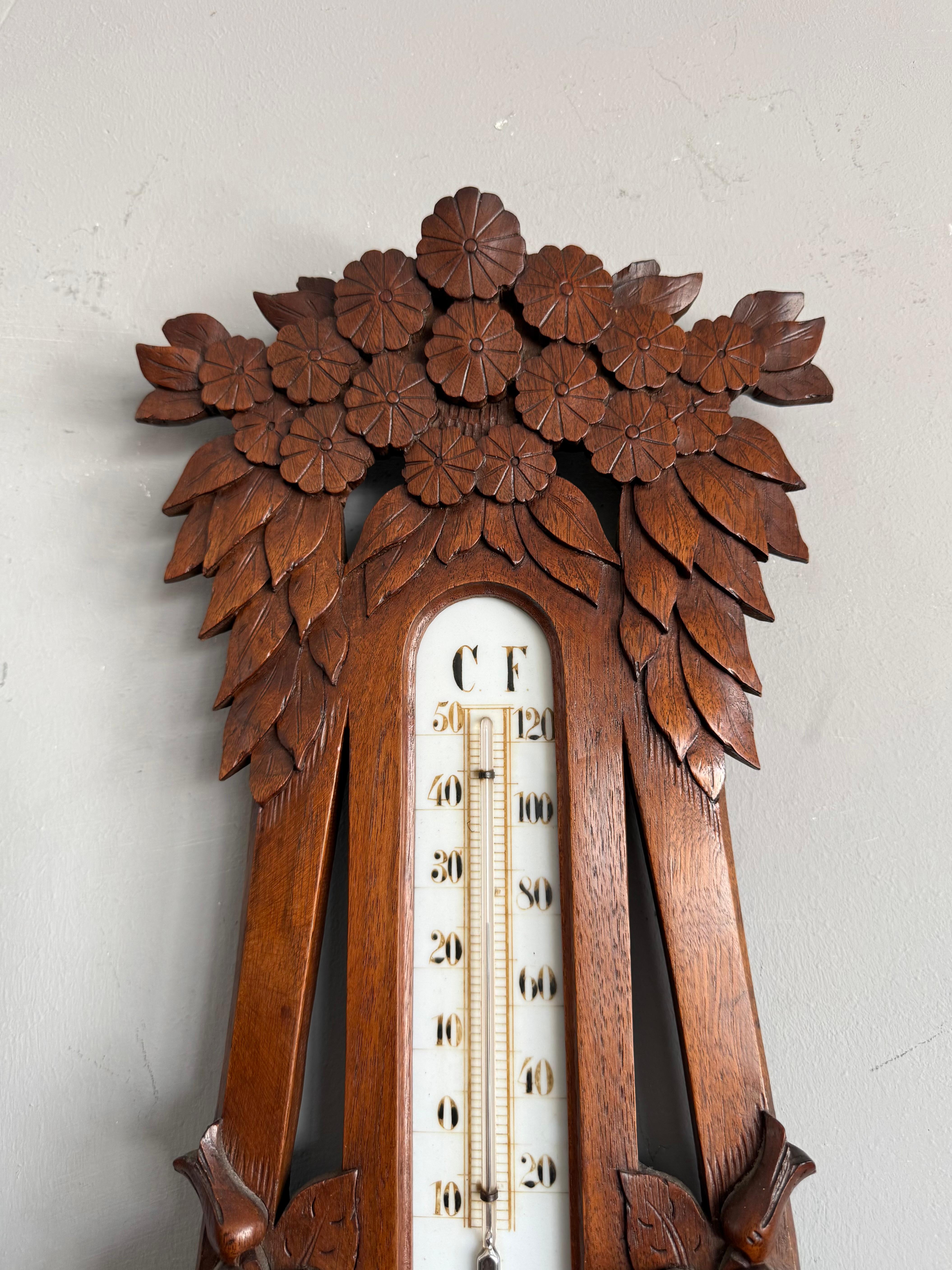Arts and Crafts Large Arts & Crafts Hand-Carved Nutwood Barometer with Thermometer, Early 1900s For Sale