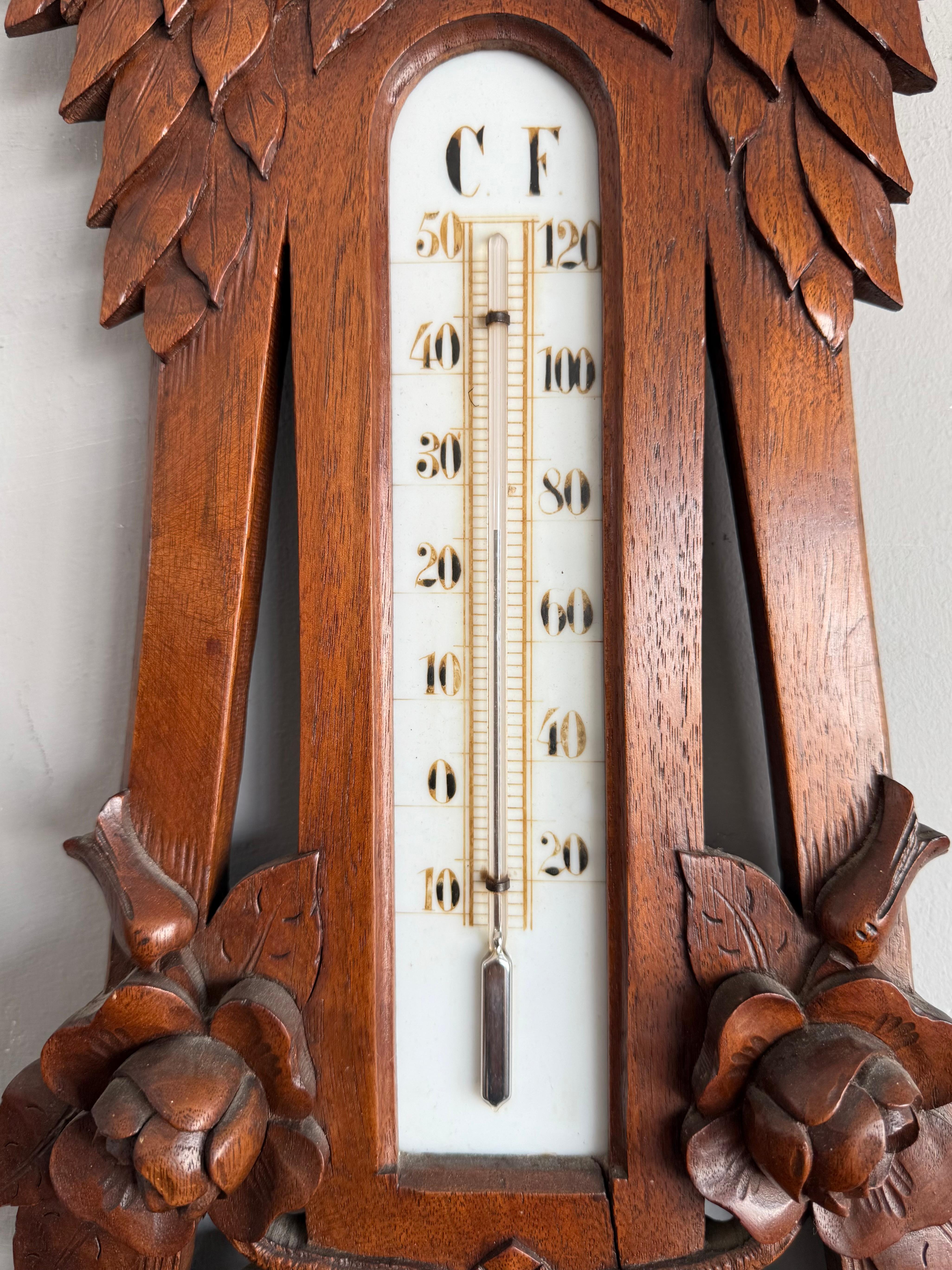 European Large Arts & Crafts Hand-Carved Nutwood Barometer with Thermometer, Early 1900s For Sale