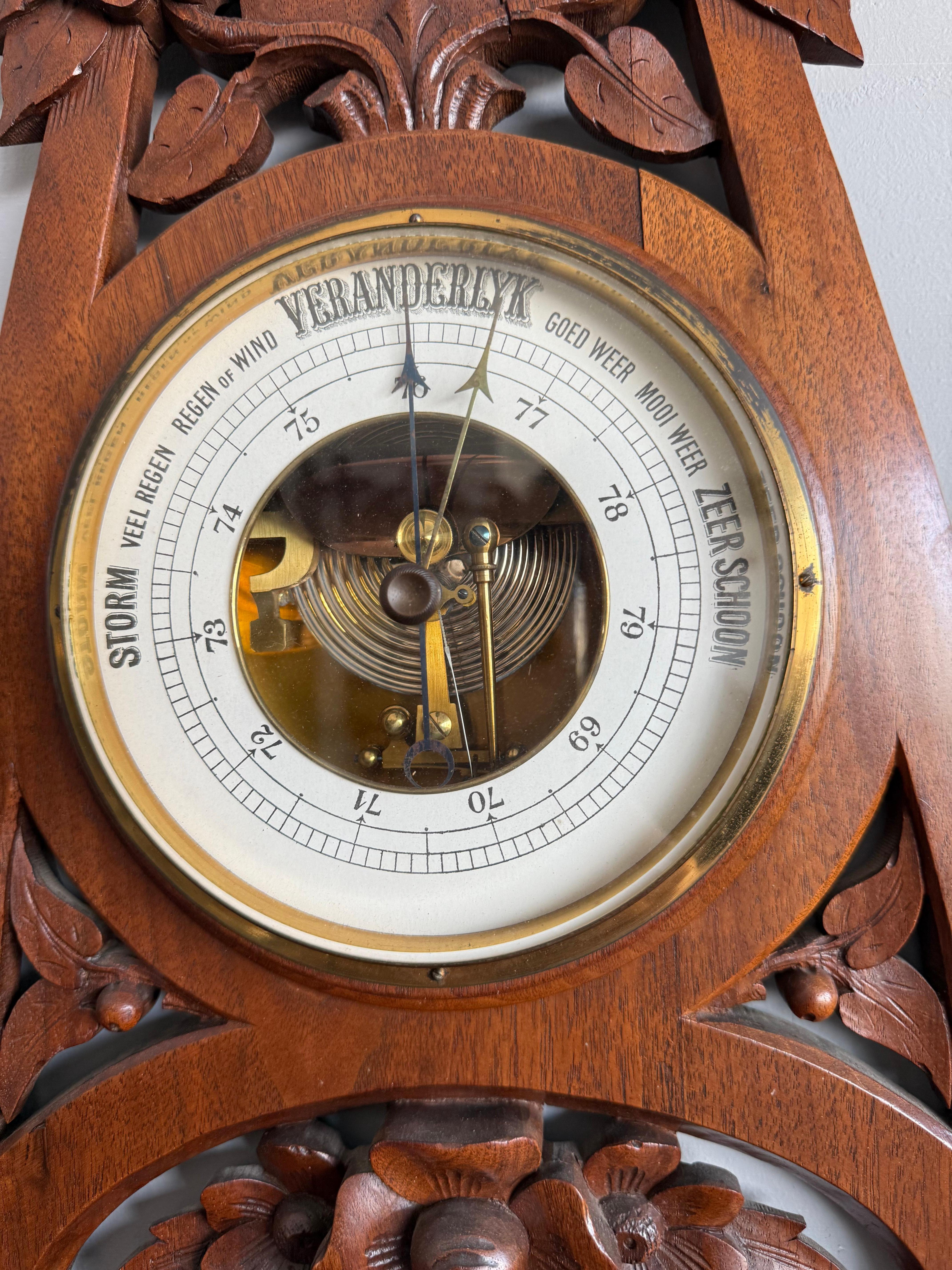 Beveled Large Arts & Crafts Hand-Carved Nutwood Barometer with Thermometer, Early 1900s For Sale