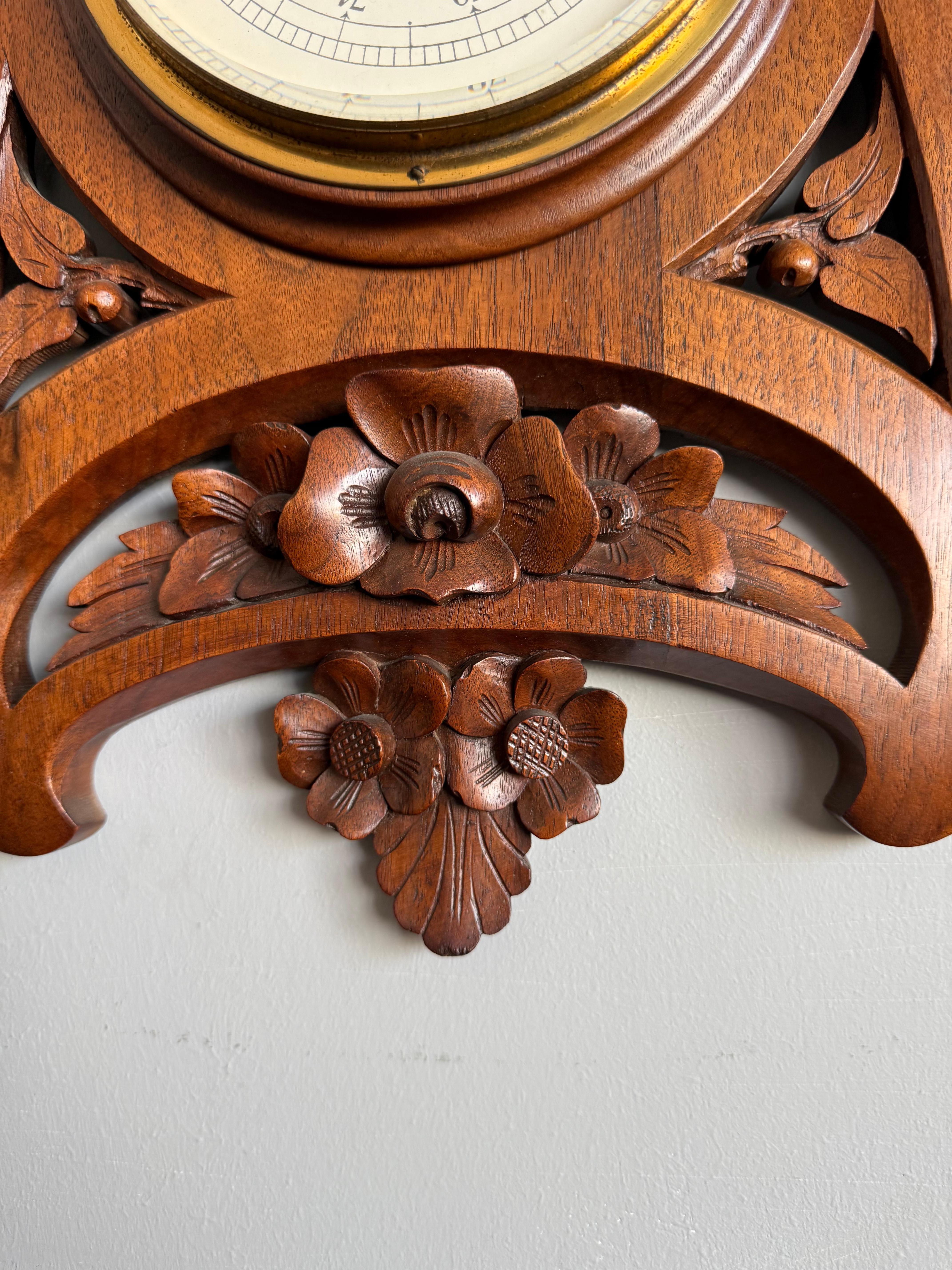 Large Arts & Crafts Hand-Carved Nutwood Barometer with Thermometer, Early 1900s In Good Condition For Sale In Lisse, NL