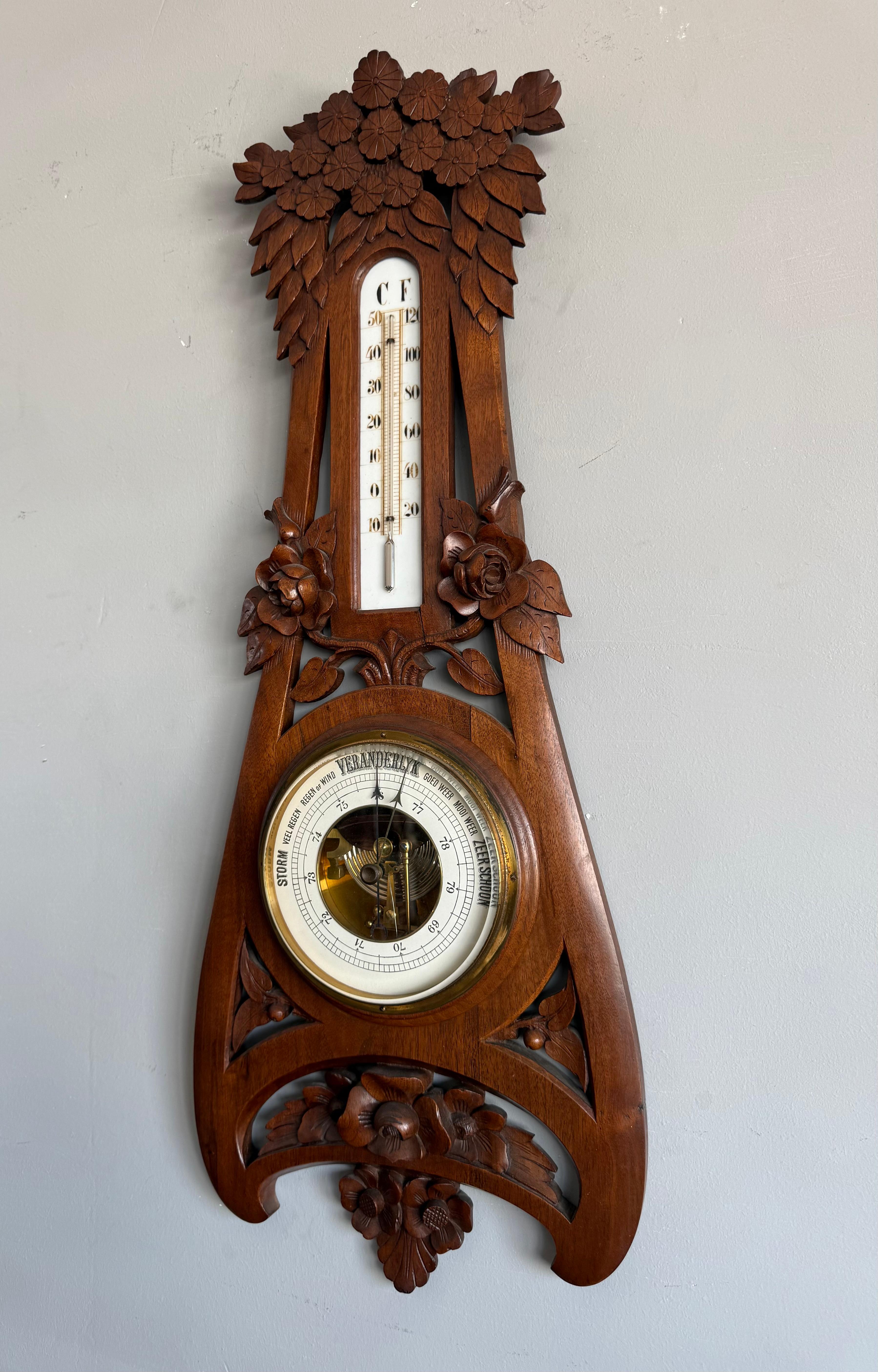 Metal Large Arts & Crafts Hand-Carved Nutwood Barometer with Thermometer, Early 1900s For Sale