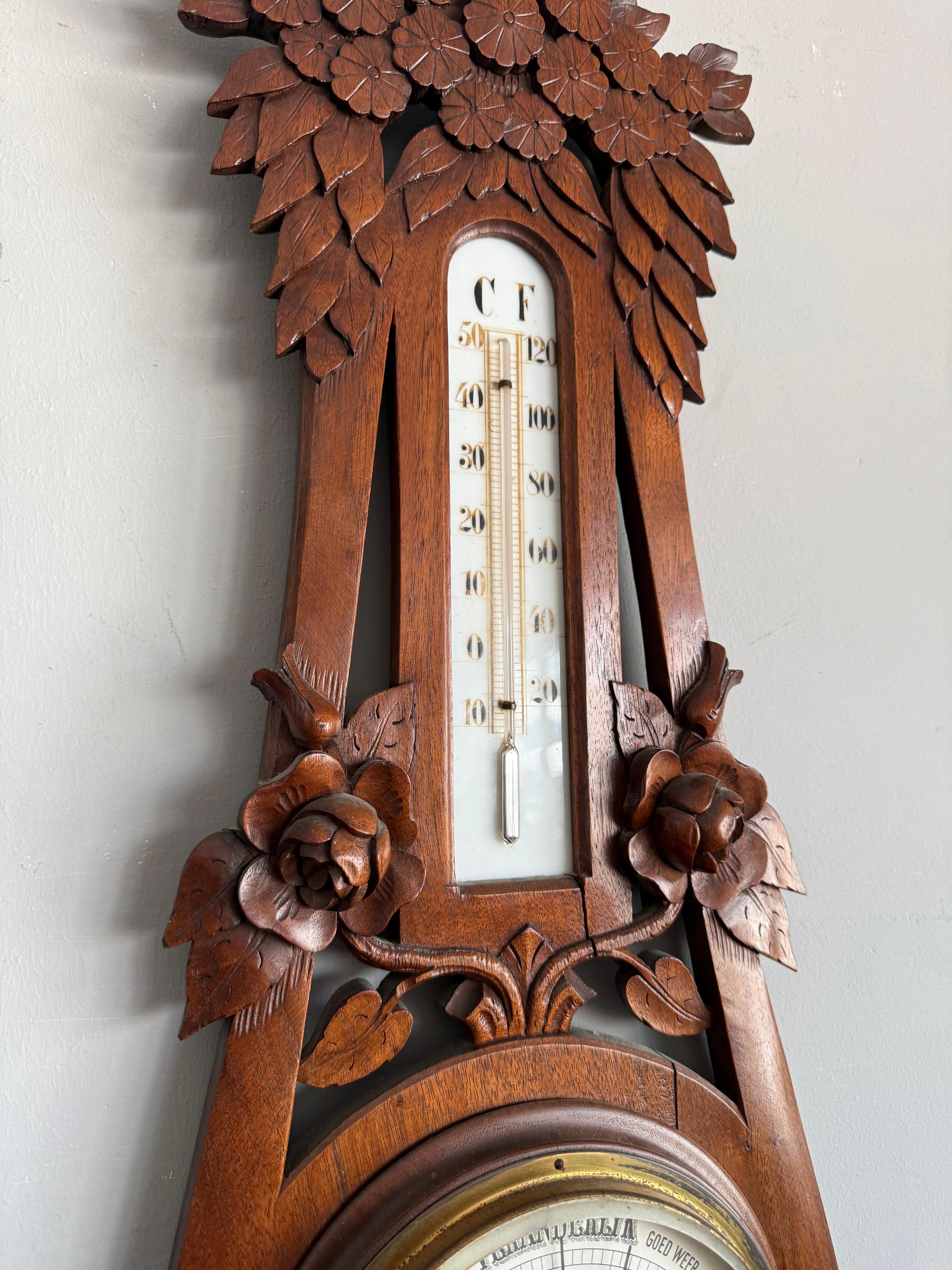 Large Arts & Crafts Hand-Carved Nutwood Barometer with Thermometer, Early 1900s For Sale 1