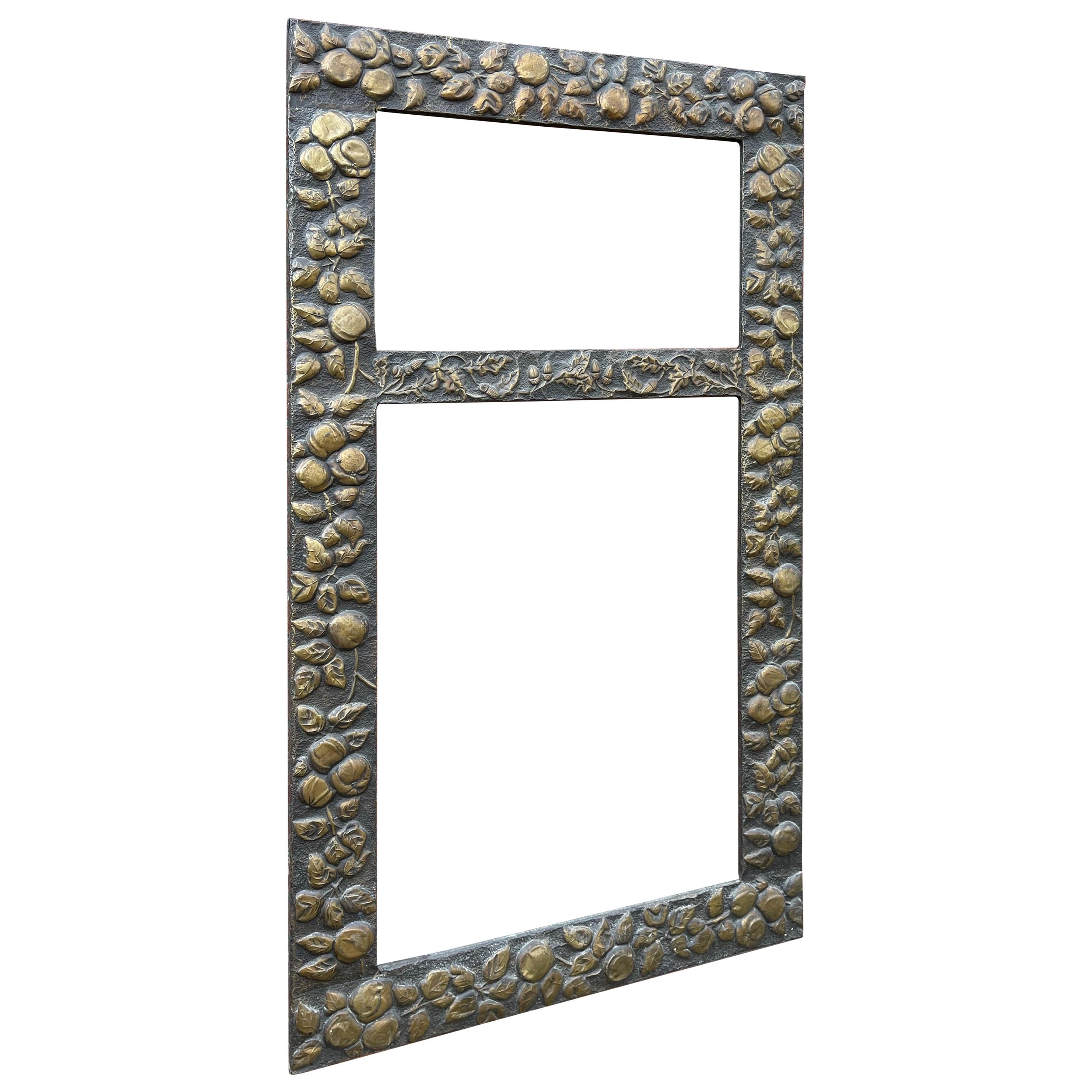 Large Arts & Crafts Hand-Hammered & Embossed Brass Wall Mirror or Picture Frame For Sale