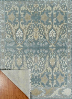 Large Arts & Crafts Inspired Hand-Knotted Wool Rug in Mist Blue and Ivory