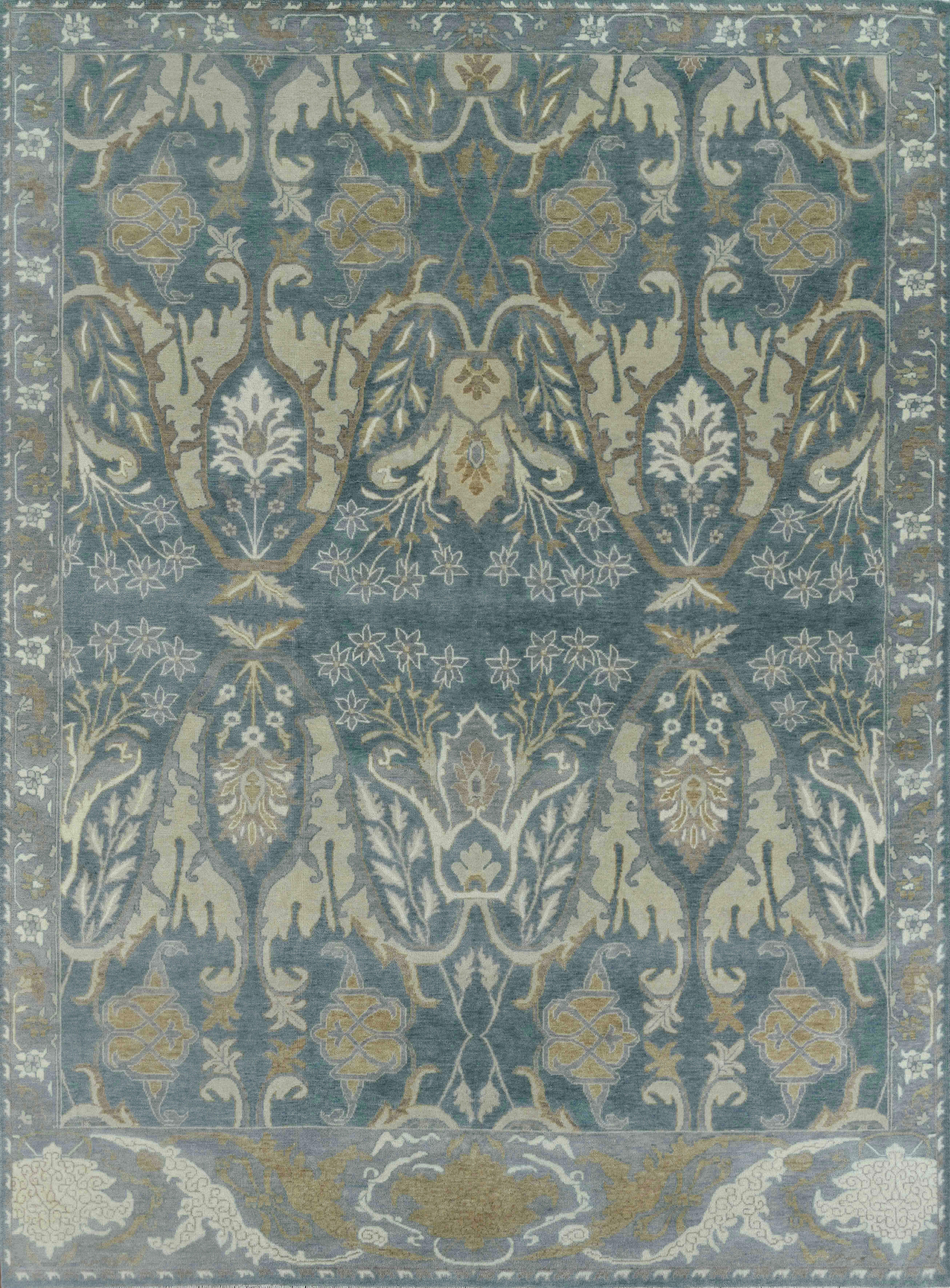 Large Arts & Crafts Inspired Hand-Knotted Wool Rug in Mist Blue and Ivory