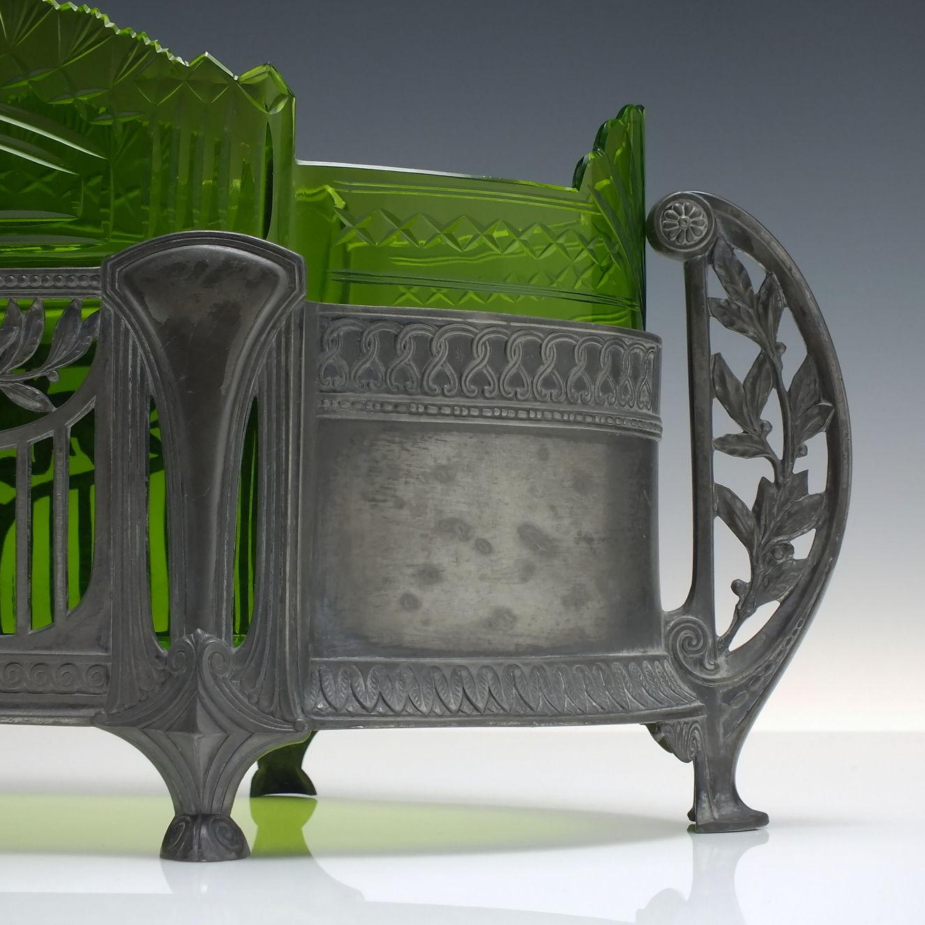 Cut Glass Large Arts & Crafts Jugendstil Pewter Centrepiece with Green Glass Liner c1900 For Sale