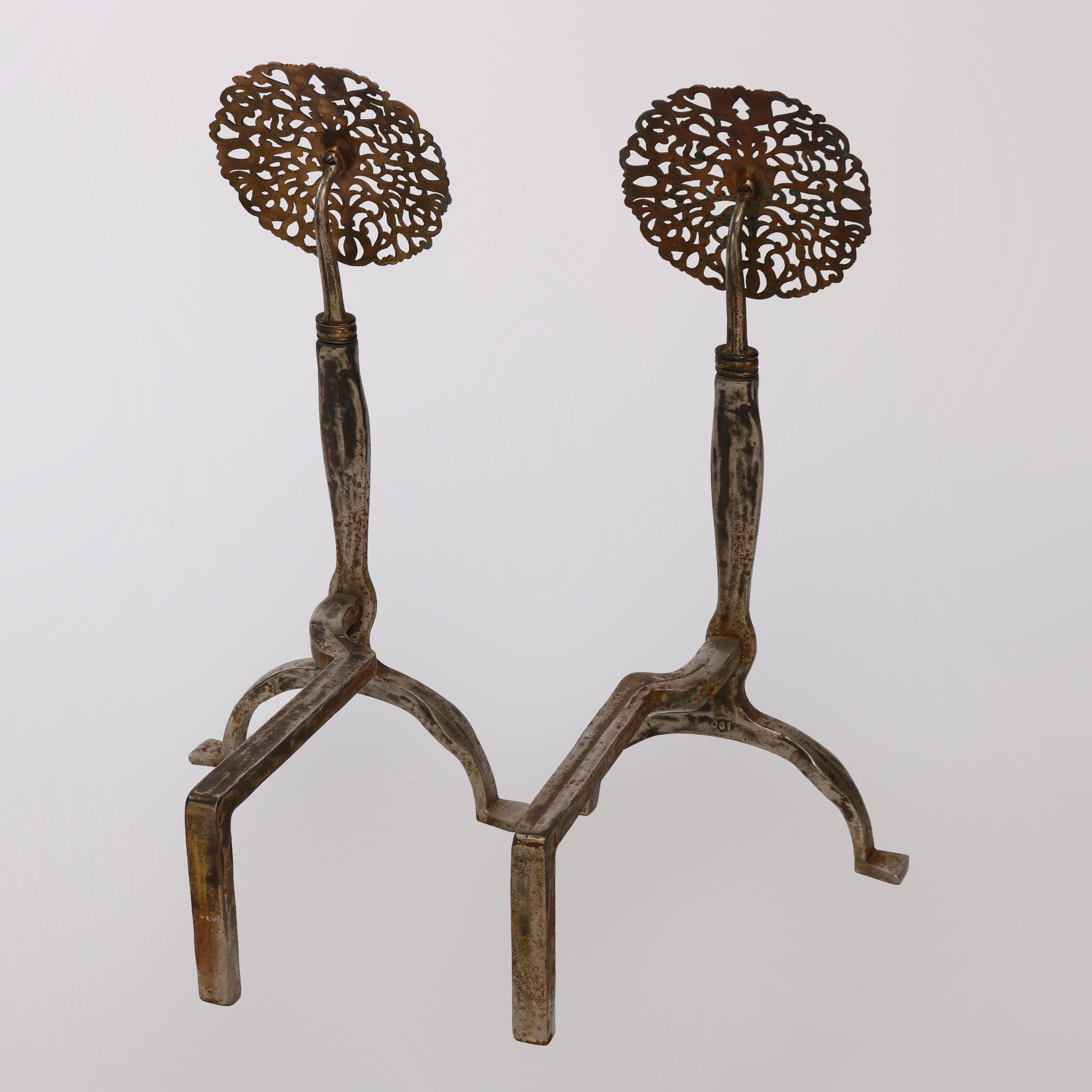 Arts and Crafts Large Arts & Crafts Oscar Bach School Brass & Iron Sunflower Andirons C1900