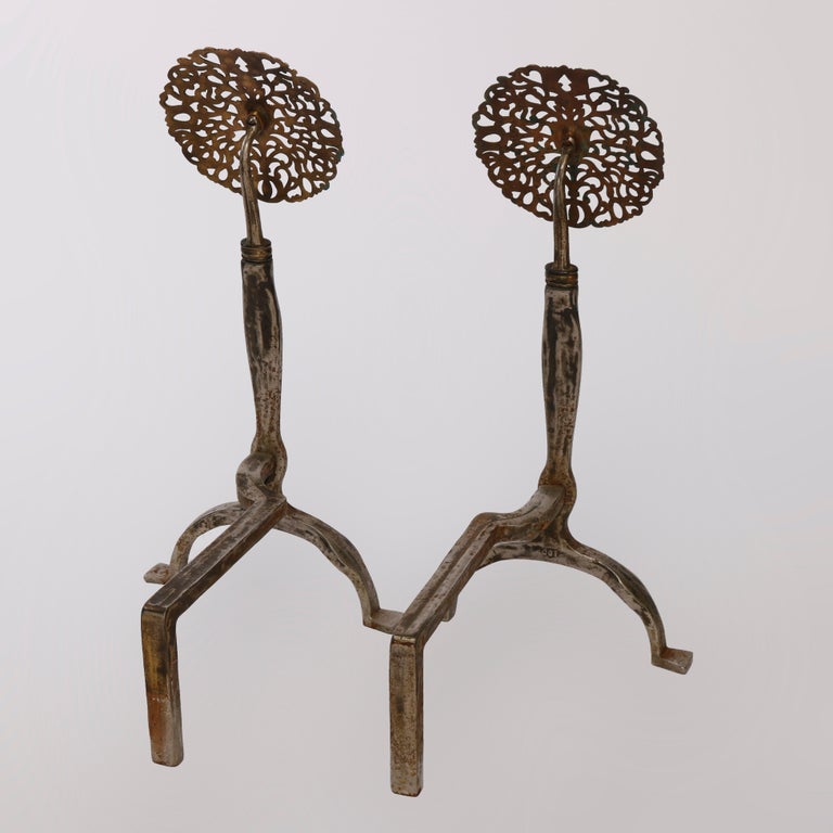 Arts and Crafts Large Arts & Crafts Oscar Bach School Brass & Iron Sunflower Andirons C1900 For Sale