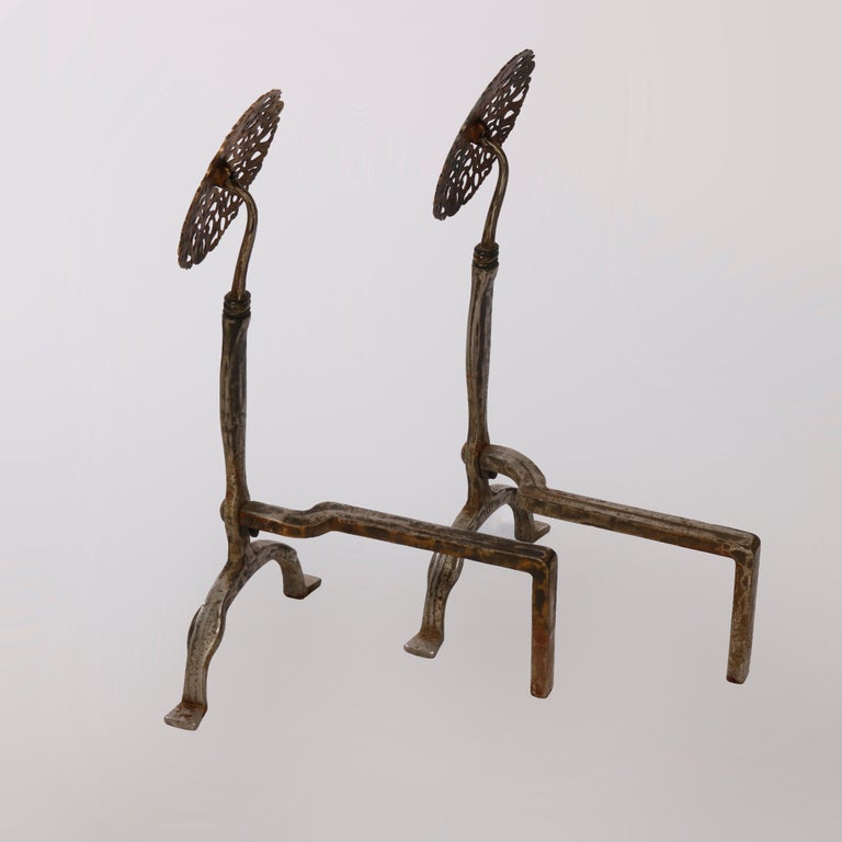 American Large Arts & Crafts Oscar Bach School Brass & Iron Sunflower Andirons C1900 For Sale