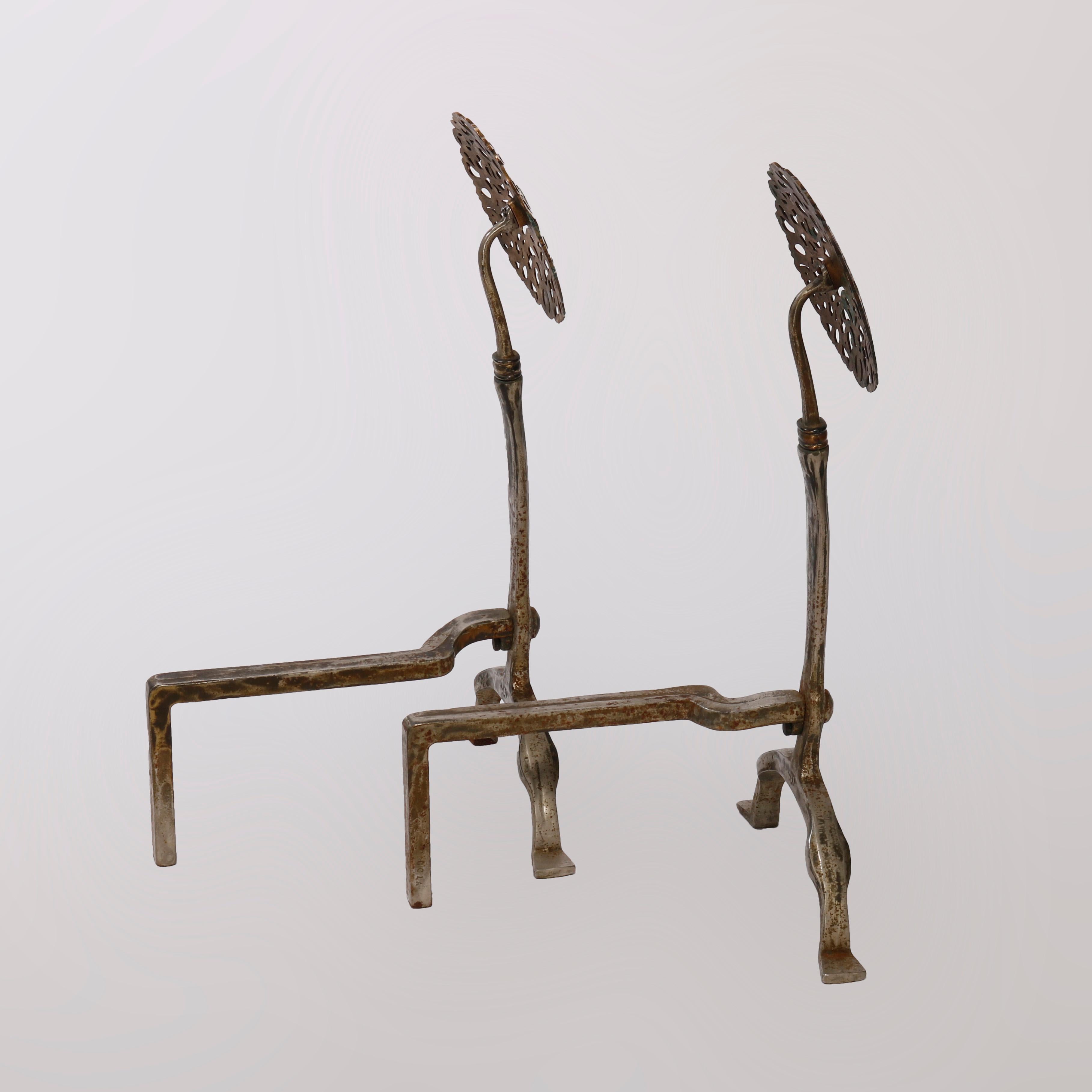 Large Arts & Crafts Oscar Bach School Brass & Iron Sunflower Andirons C1900 In Good Condition In Big Flats, NY