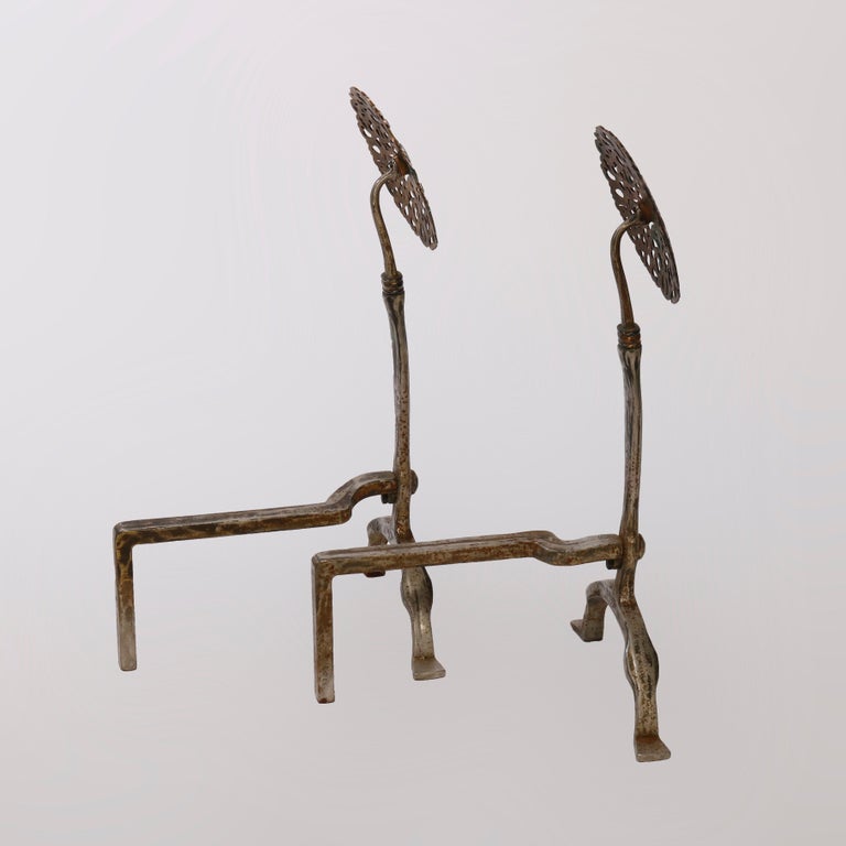 Large Arts & Crafts Oscar Bach School Brass & Iron Sunflower Andirons C1900 In Good Condition For Sale In Big Flats, NY