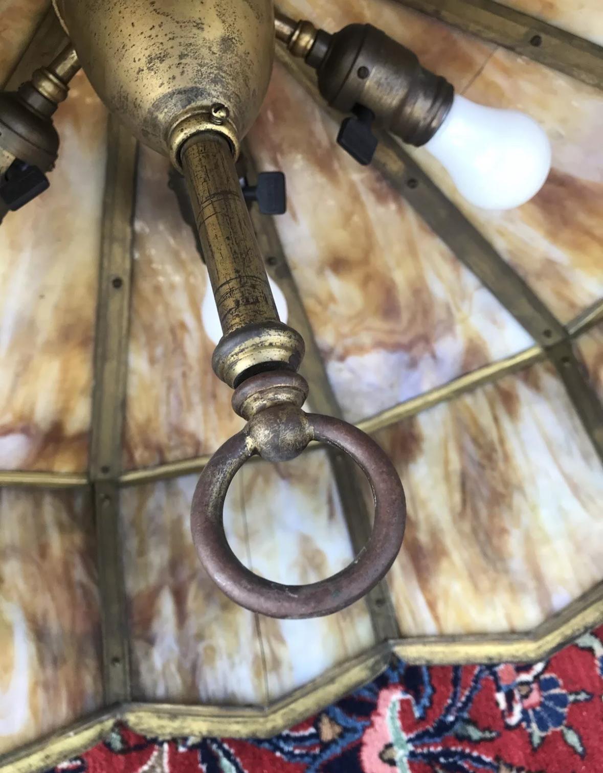 Brass Large Arts & Crafts Slag Glass Chandelier, Stickley Era  W7436  SALE  20% OFF