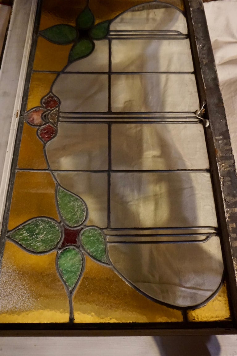 Large Arts and Crafts Stained Glass Window with Floral Theme For Sale