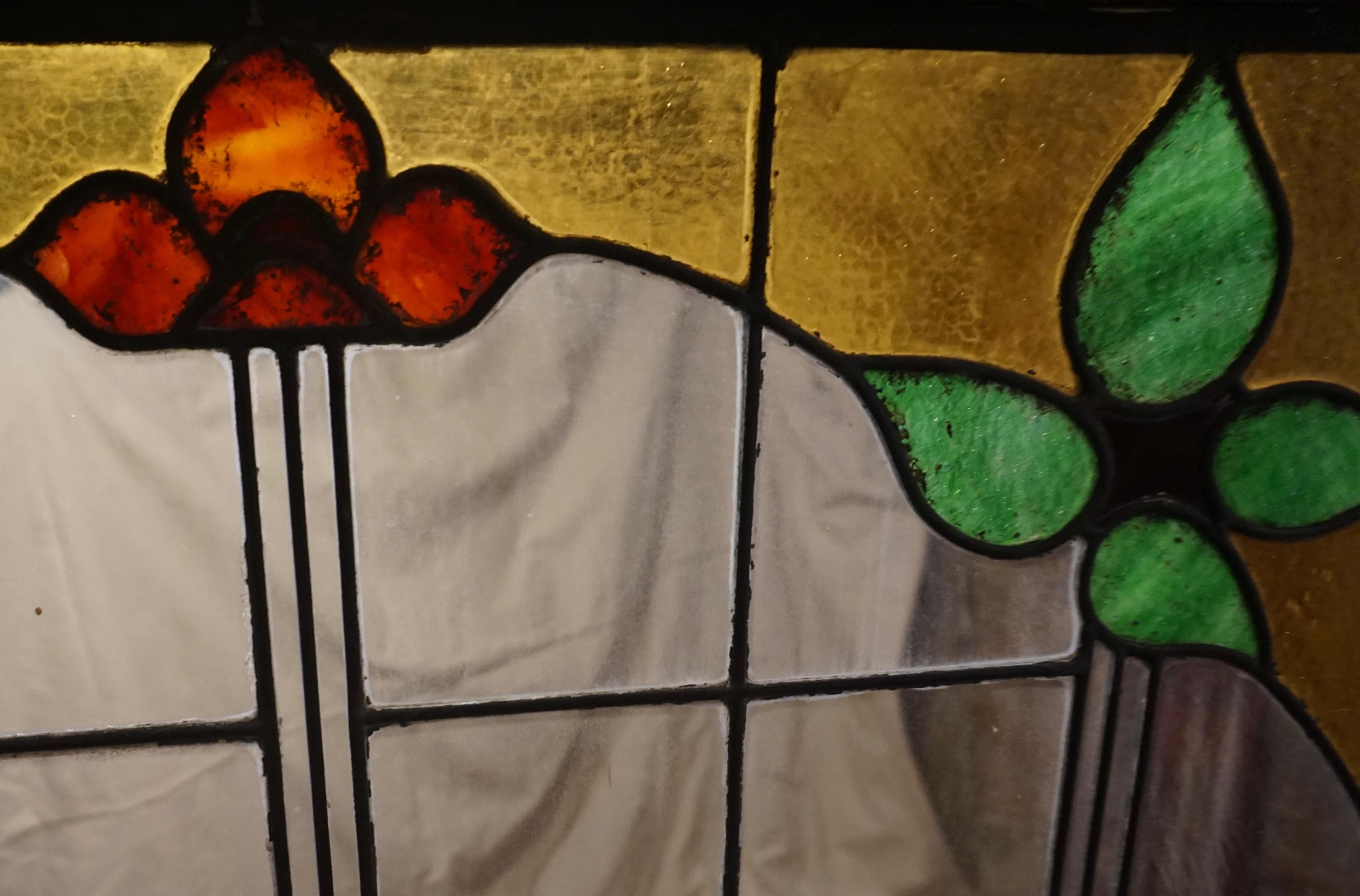 Large Arts & Crafts Stained Glass Window with Floral Theme For Sale 4