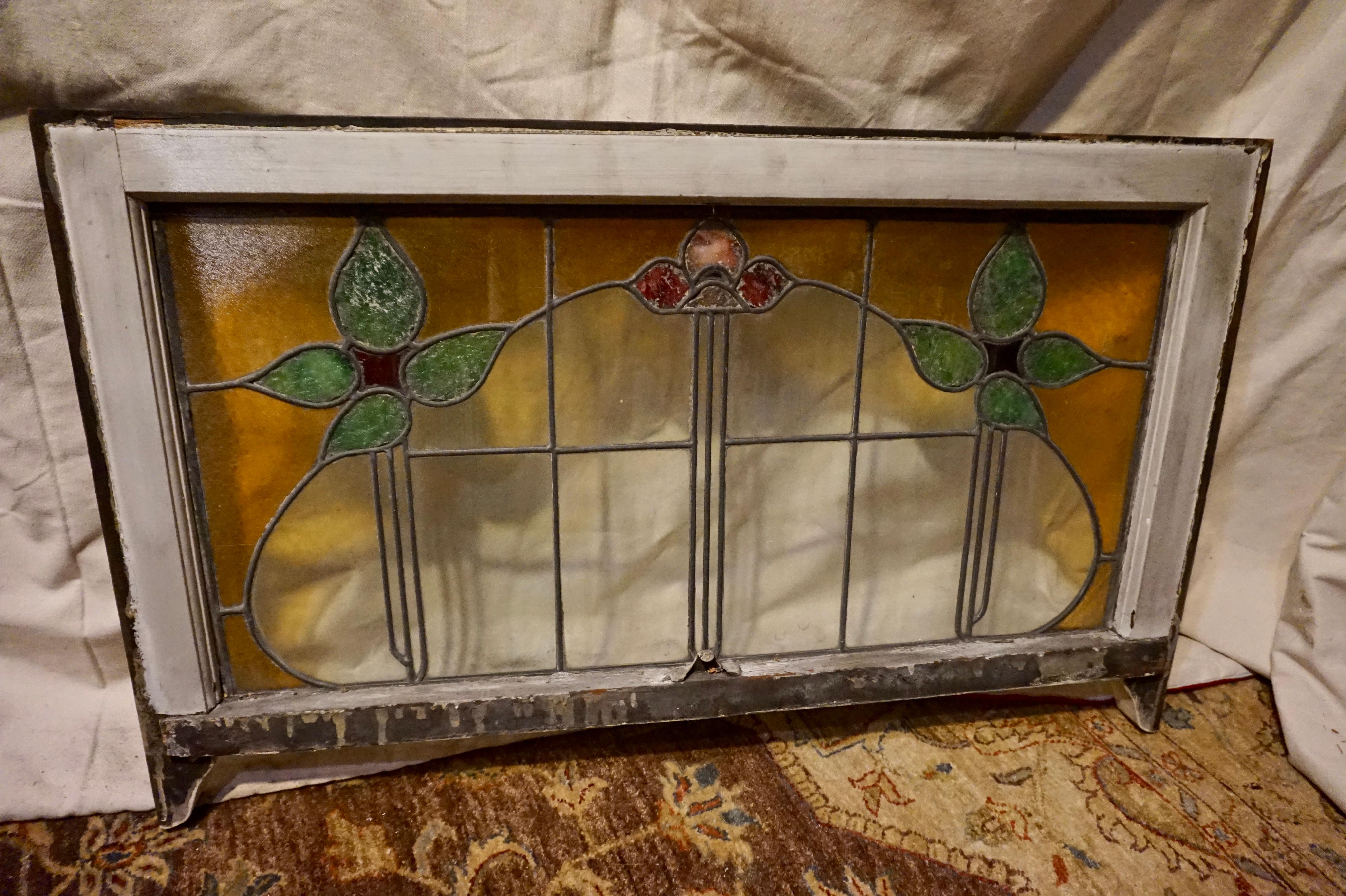 Arts and Crafts Large Arts & Crafts Stained Glass Window with Floral Theme For Sale