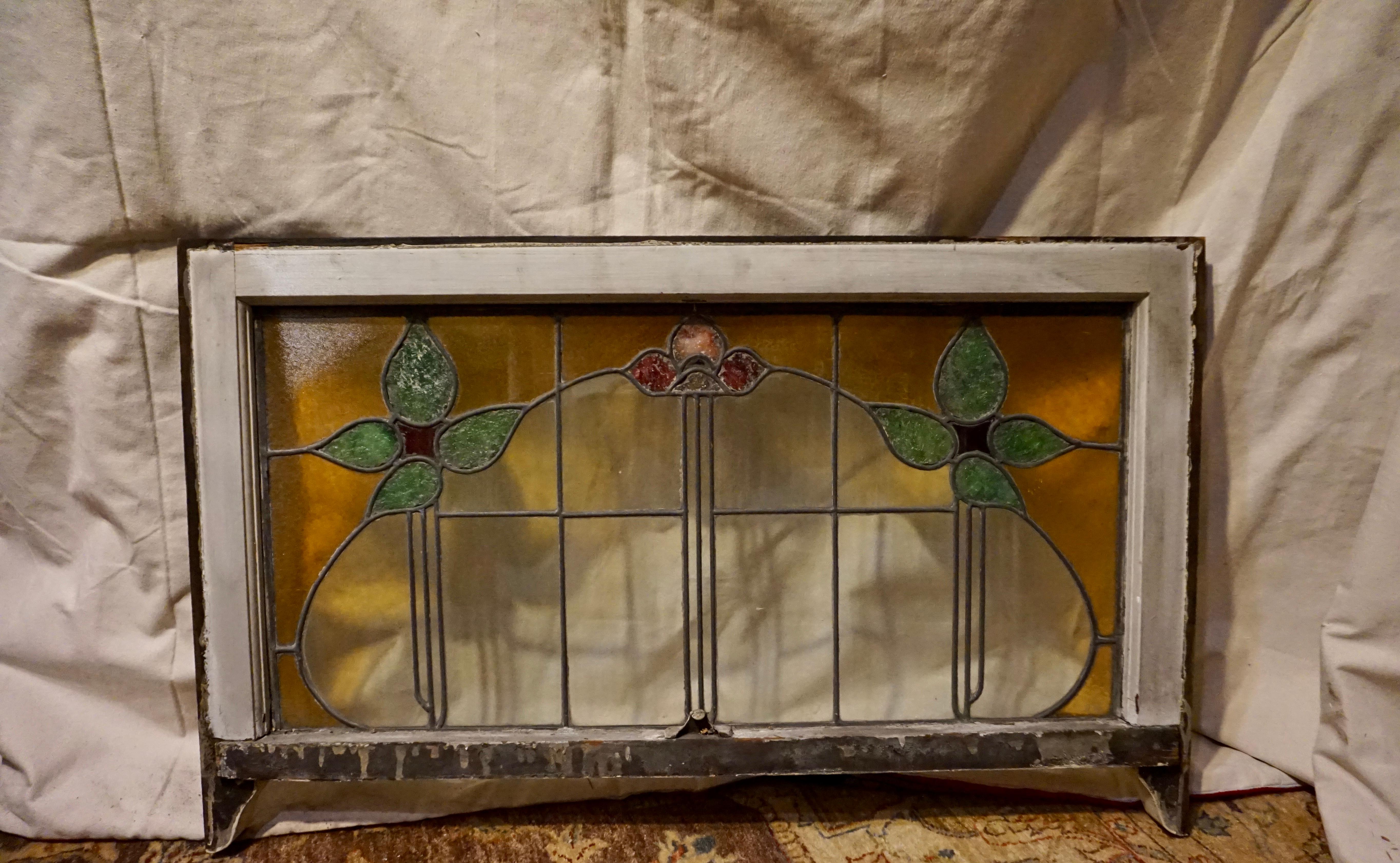 English Large Arts & Crafts Stained Glass Window with Floral Theme For Sale