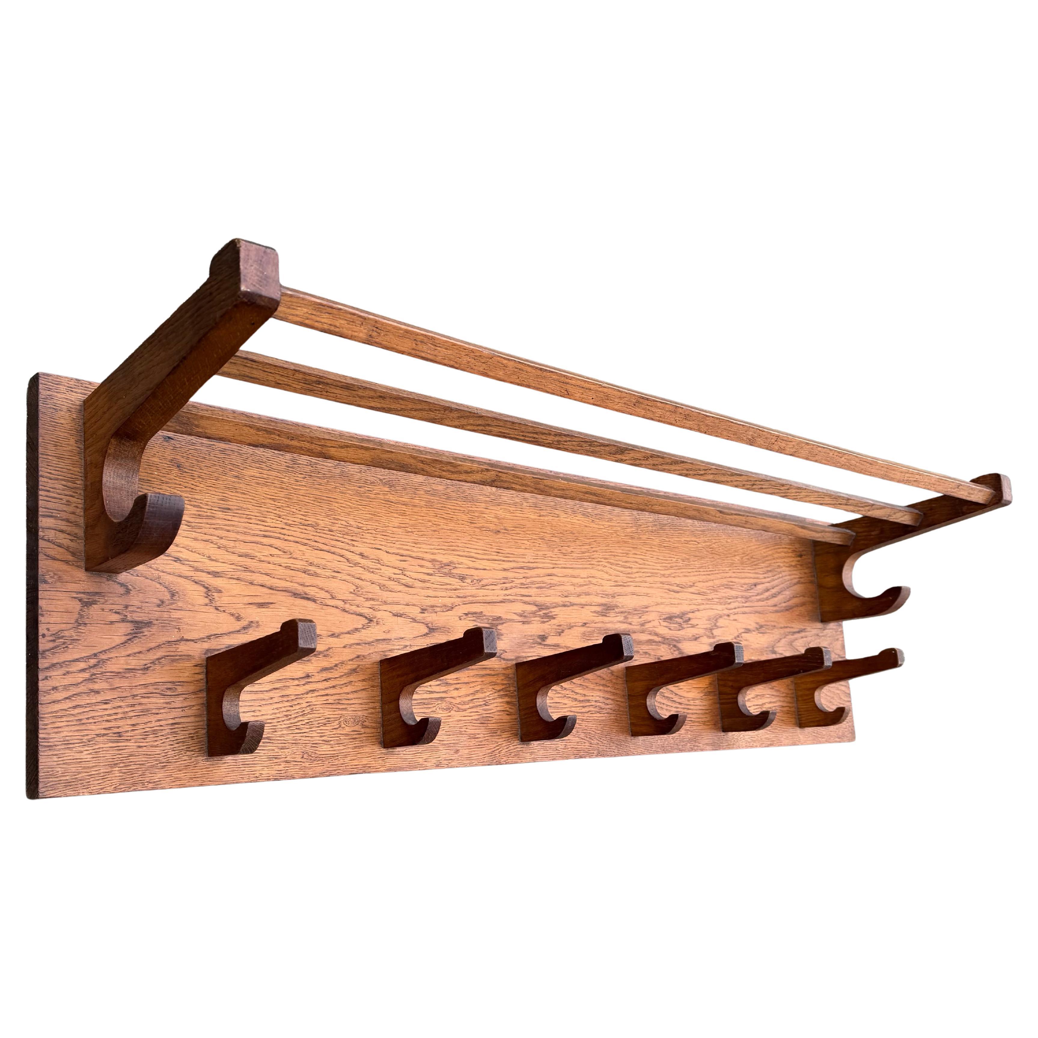 Large Arts & Crafts Tiger Oak Wall Coat Rack w. Shelf and Six Hand-Carved Hooks