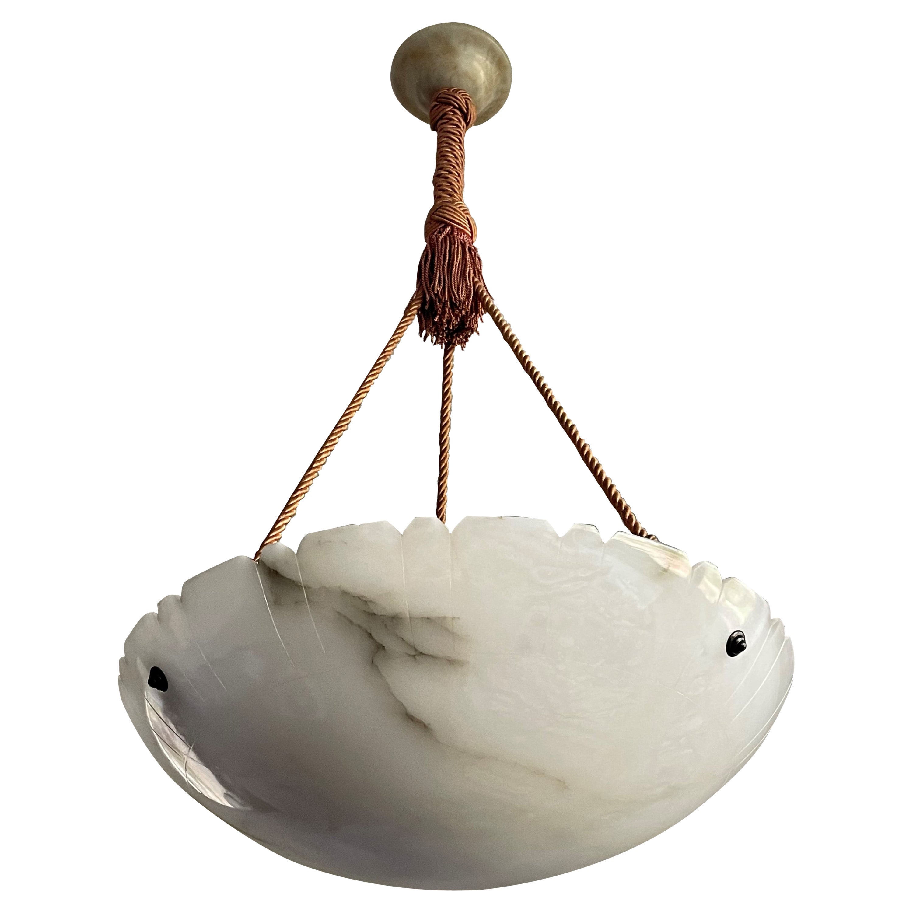 Large Arts 
Crafts White Alabaster and Black Veins 3-Light Pendant Chandelier