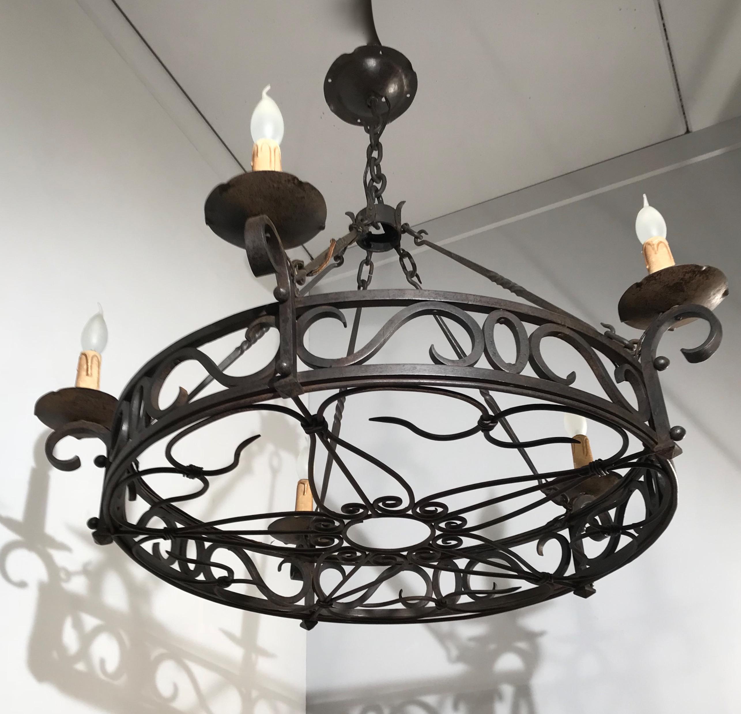 Dutch Large Arts & Crafts Wrought Iron Chandelier for Dining Room or Restaurant Etc.