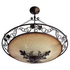 Large Arts & Crafts Wrought Iron Grape Leafs and Circular Art Glass Chandelier