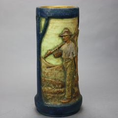 Large Arts Nouveau Elvir Otto "Brittany Farmers" Amphora Pottery Vase, 1910