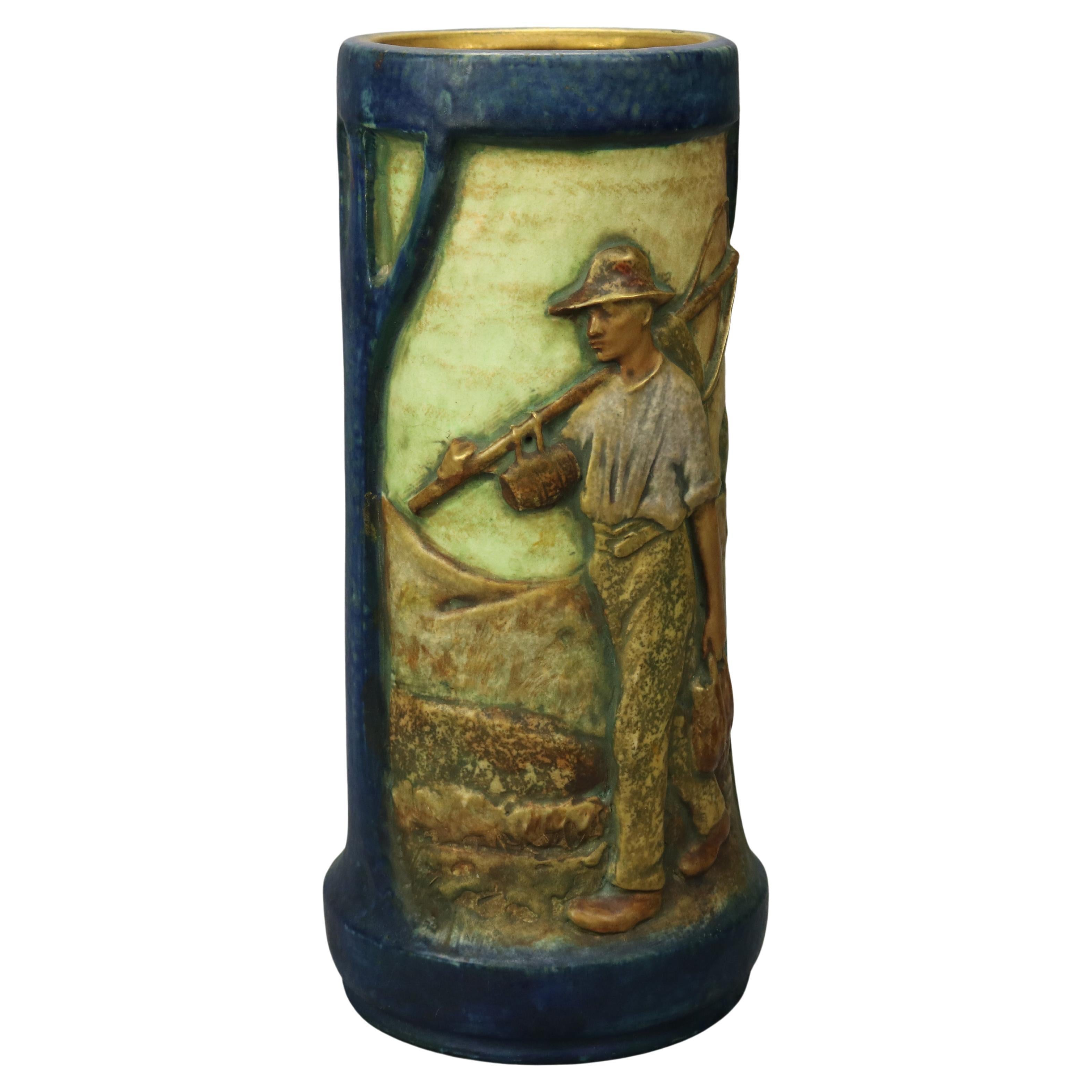 Large Arts Nouveau Elvir Otto "Brittany Farmers" Amphora Pottery Vase, 1910