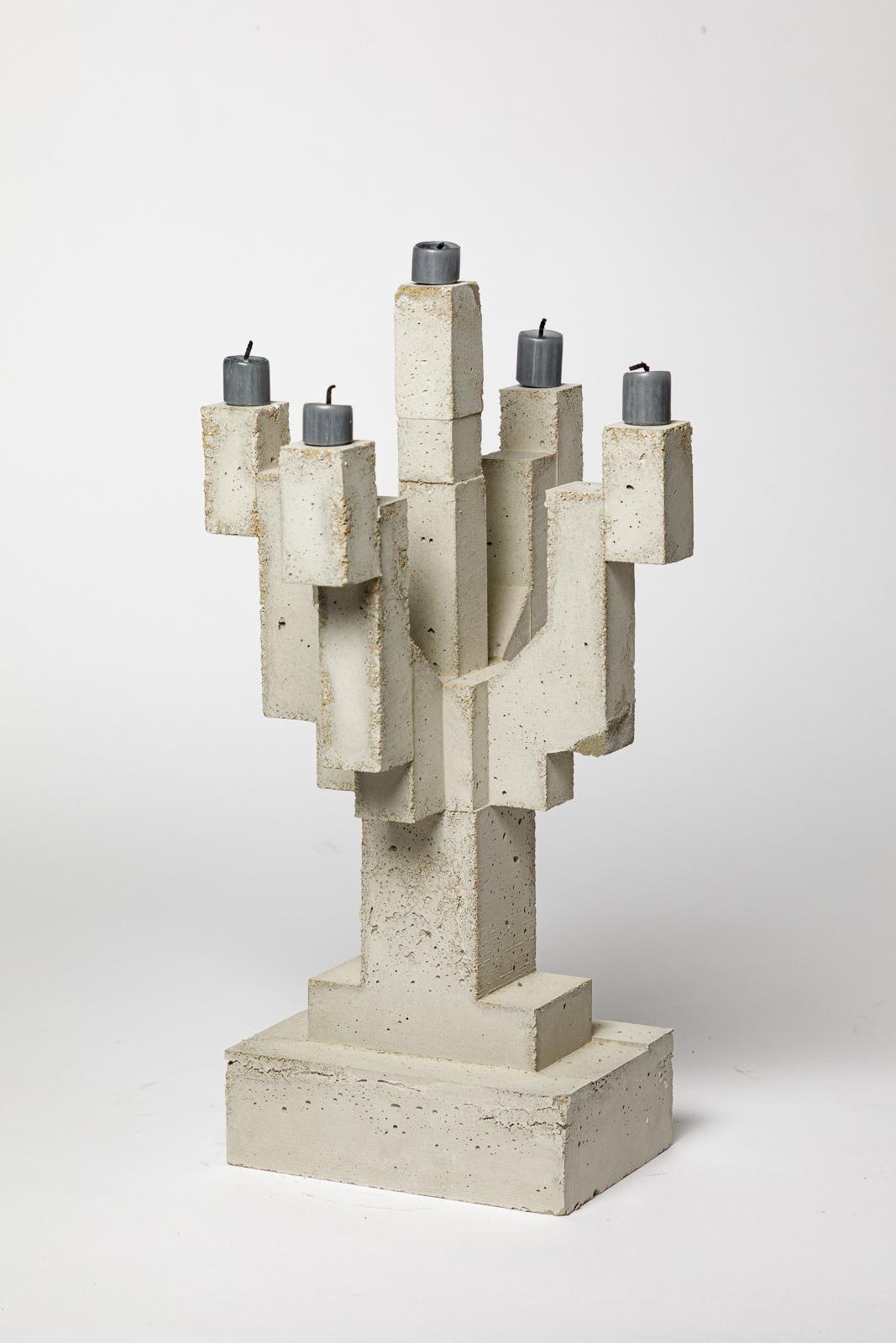 Modern Large asbtract concrete candlestick by les Usagers unique handmade piece 43 cm For Sale