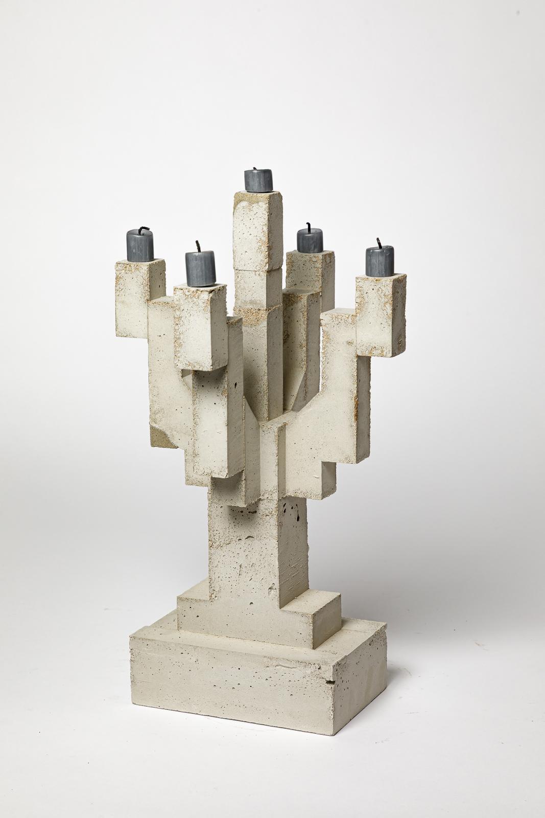 French Large asbtract concrete candlestick by les Usagers unique handmade piece 43 cm For Sale