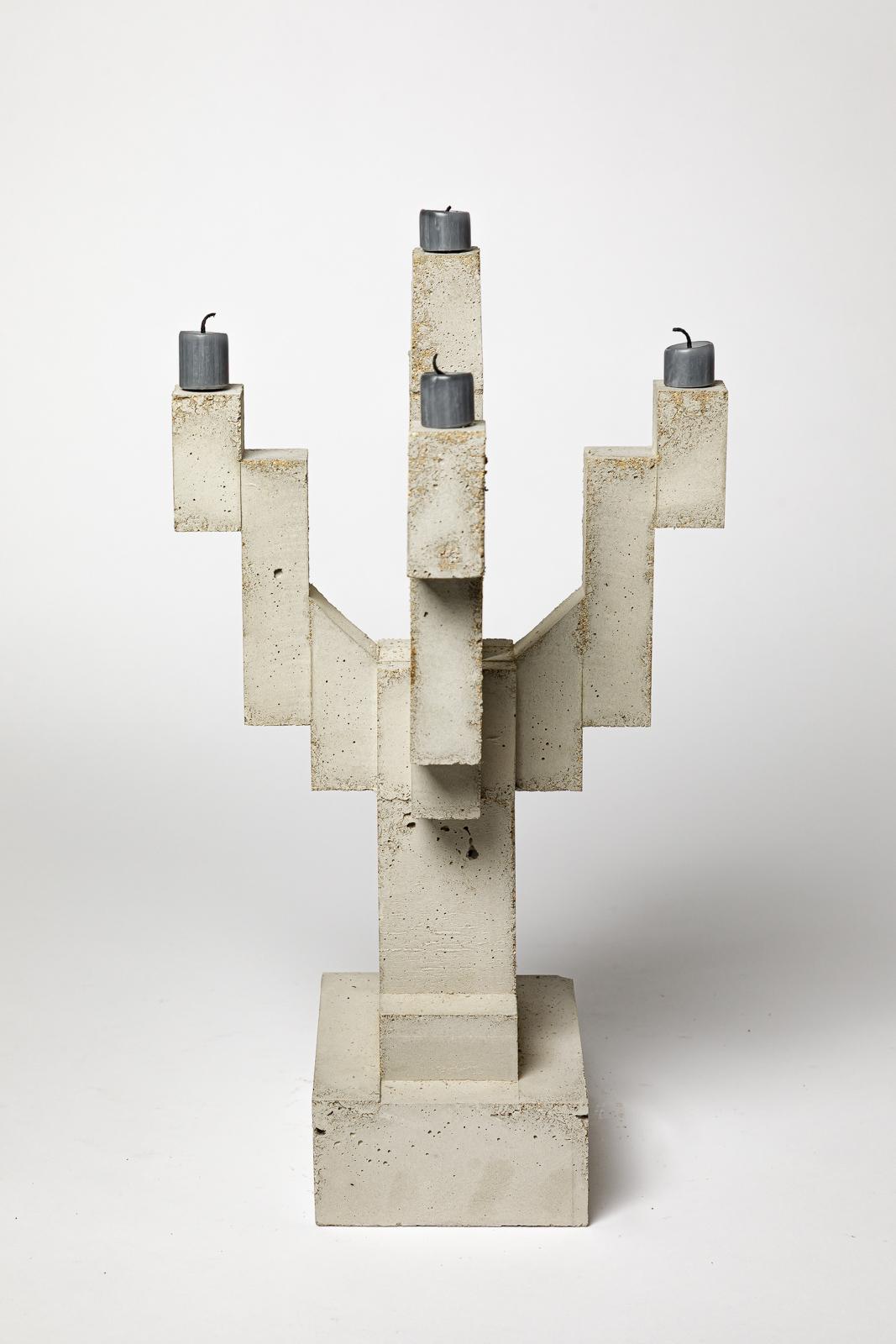 Contemporary Large asbtract concrete candlestick by les Usagers unique handmade piece 43 cm For Sale