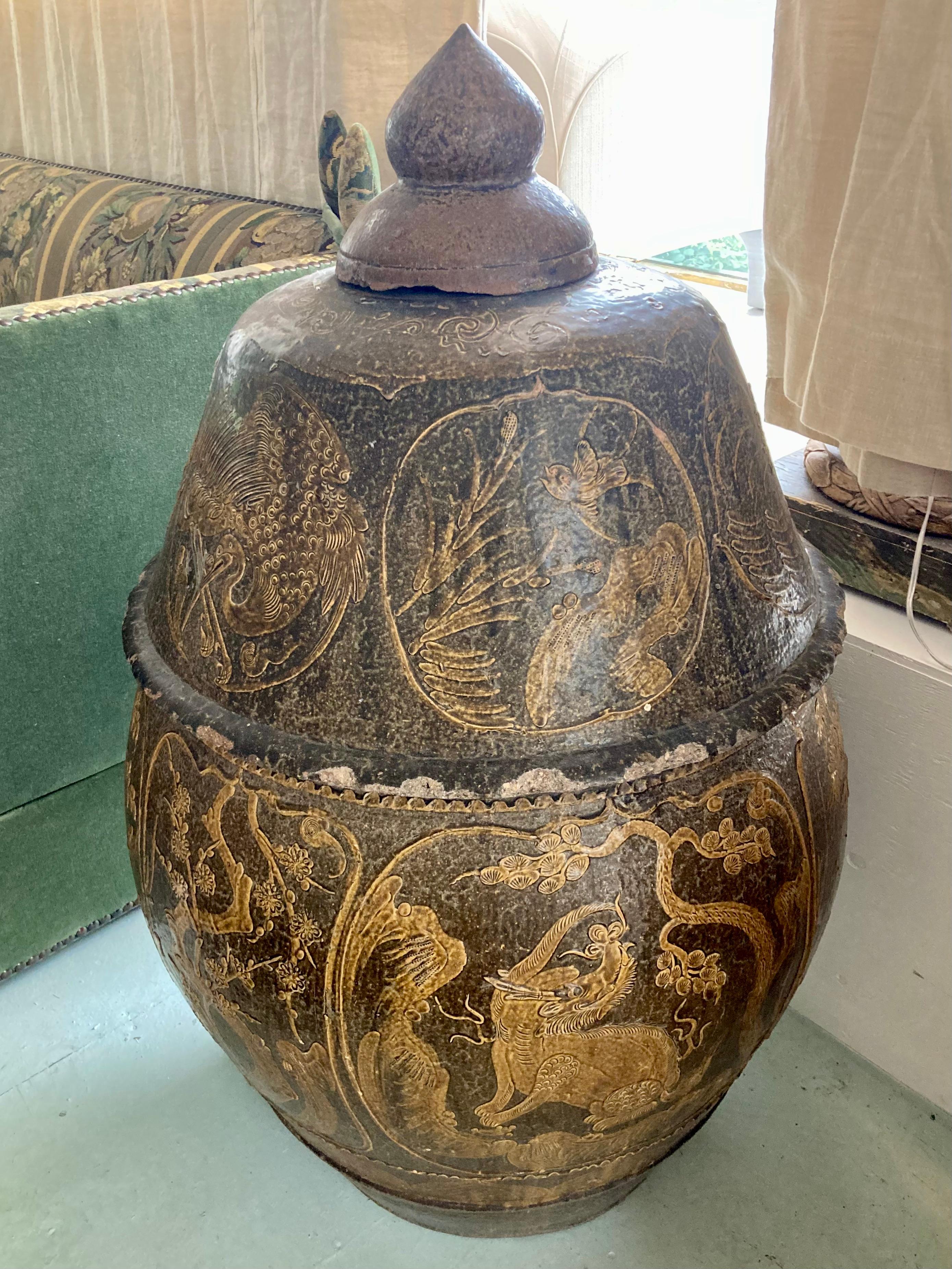 Beautiful large Asian 3-Piece covered egg pot. Super rare egg pot with removable lid and additional removable center detail. Huge scale to certainly add some interest to your garden or patio.