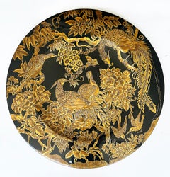 Large Asian Black Lacquer Gilt Wood "Bird" Charger on Stand, Hand Painted